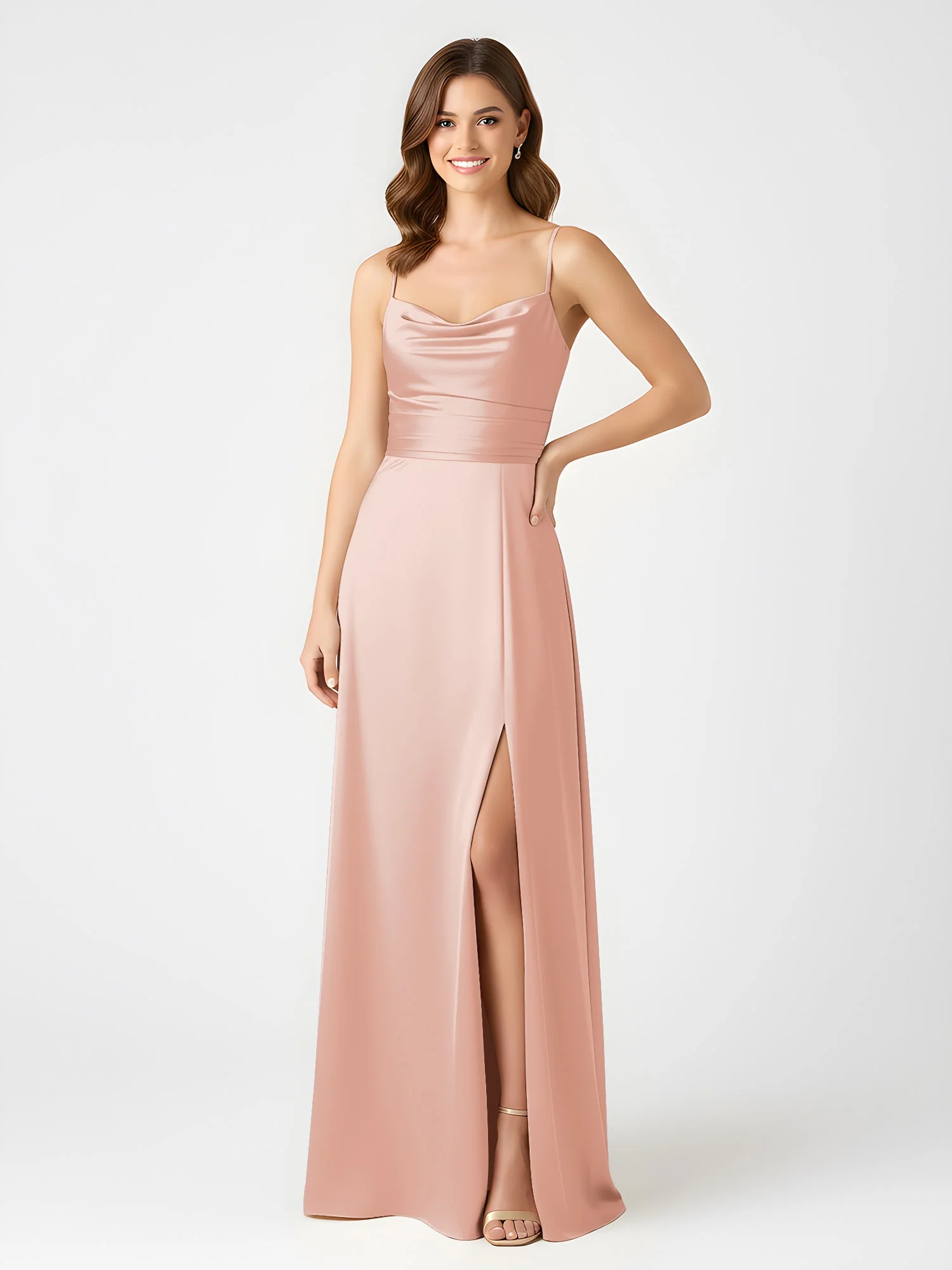 Cowl Ausschnitt Spaghettiträger Satin Kleid mit Schlitz Zartrosa - Image 3