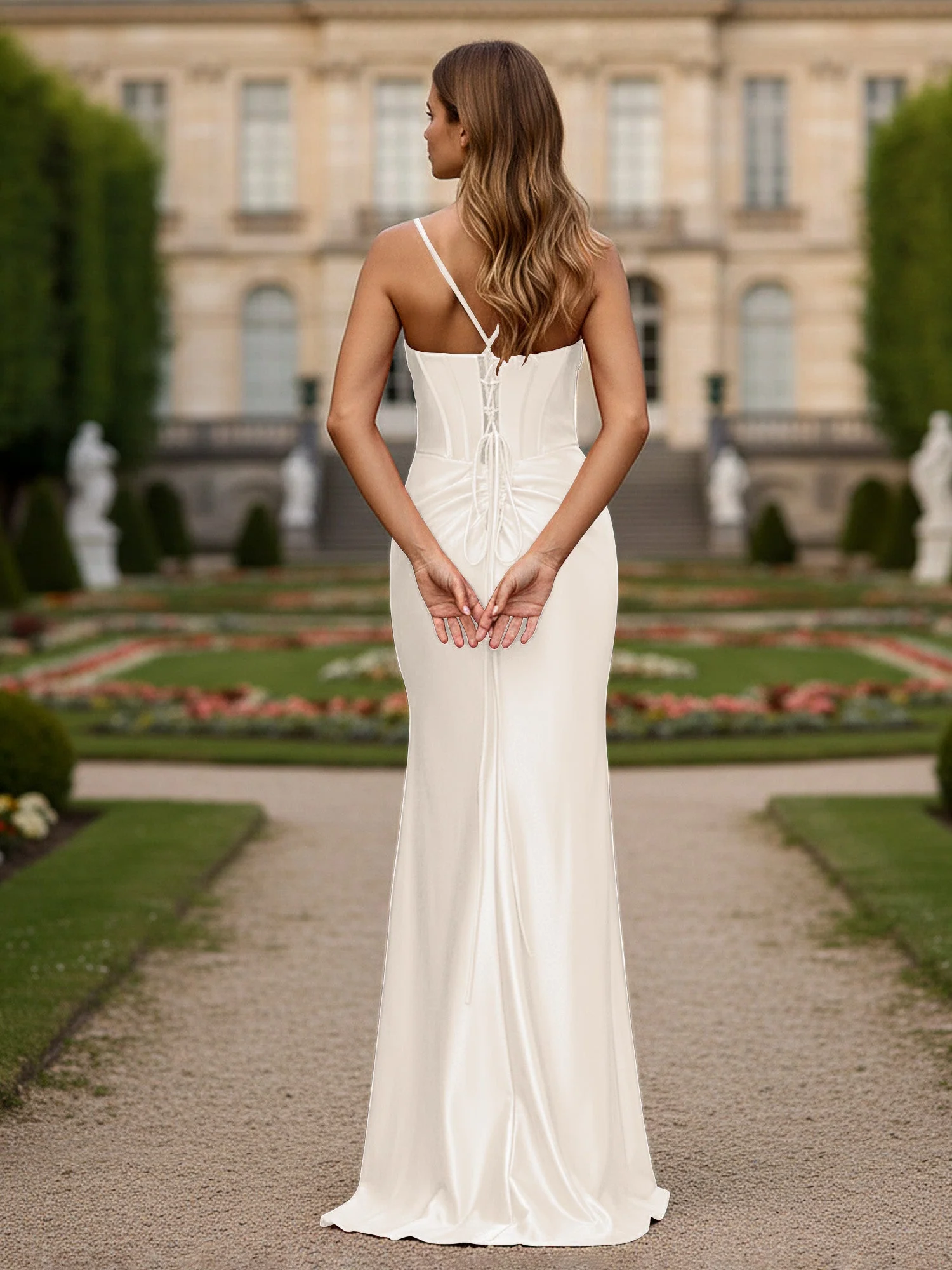Perlen Herzform Drapiert Schlitz Kleid Elfenbein - Image 2