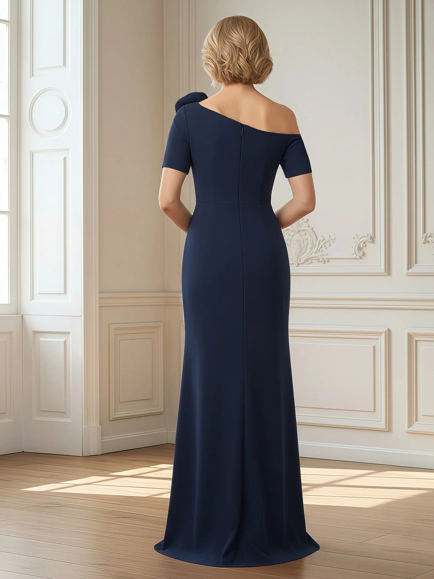 Blumen Eine Schulter Kurzarm Bodycon Schlitz Kleid Schwarz - Image 2