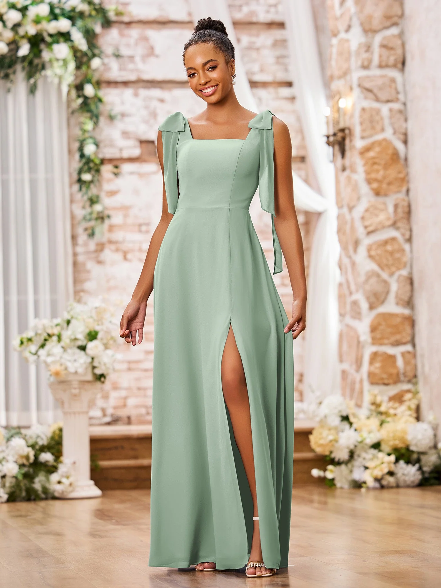 Doppelte Schleifenträger Quadratisch Chiffon Kleider mit Schlitz Agavengrün