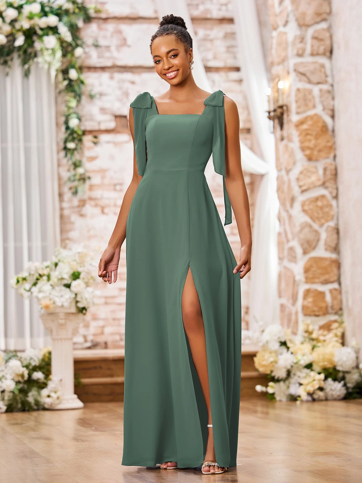 Doppelte Schleifenträger Quadratisch Chiffon Kleider mit Schlitz Eukalyptus