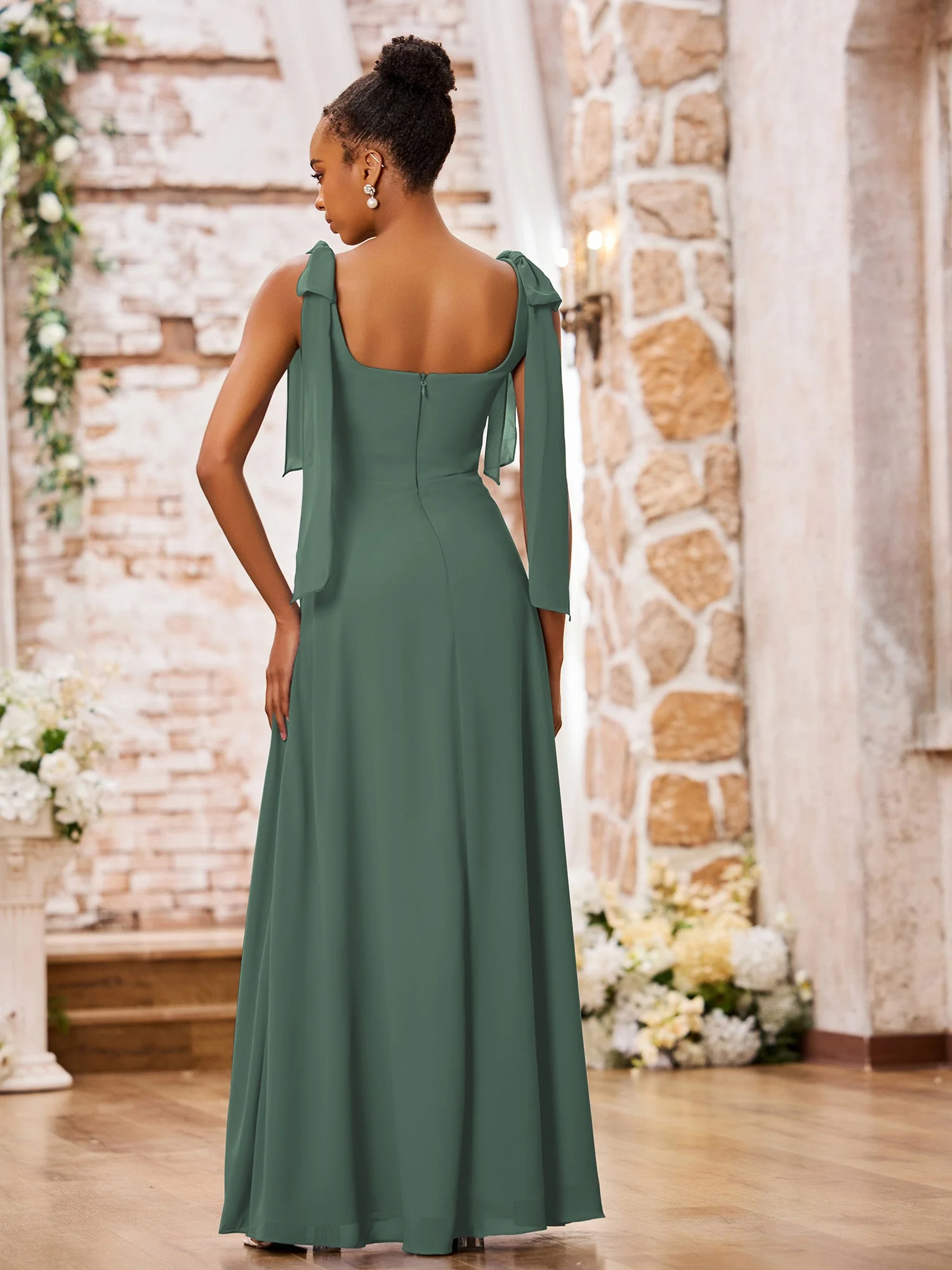 Doppelte Schleifenträger Quadratisch Chiffon Kleider mit Schlitz Eukalyptus - Image 2