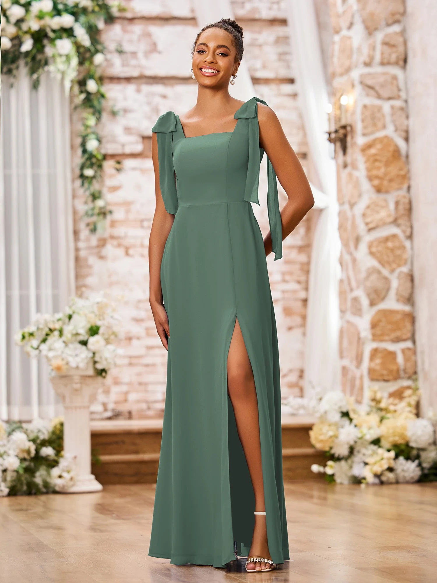 Doppelte Schleifenträger Quadratisch Chiffon Kleider mit Schlitz Eukalyptus - Image 3