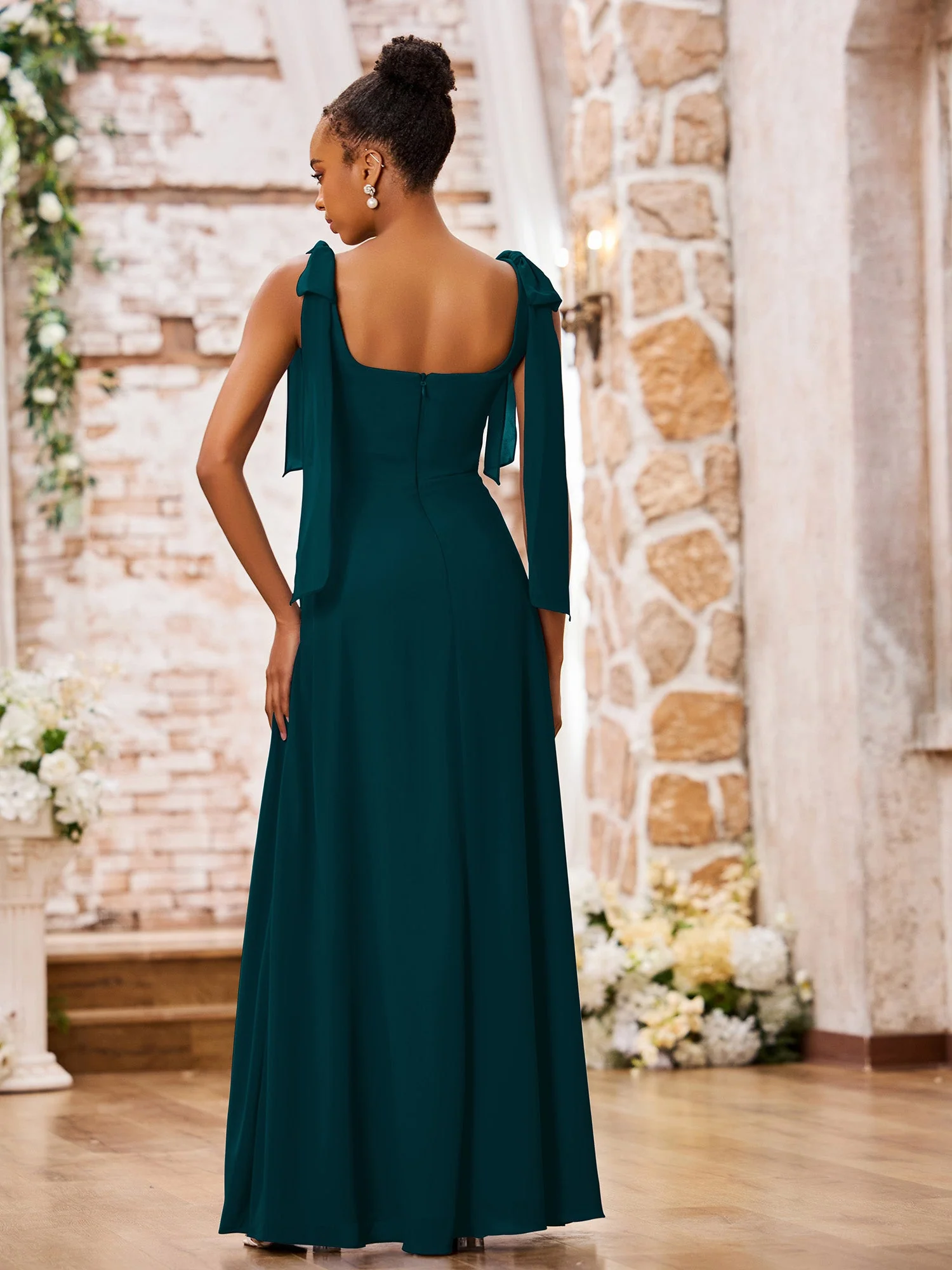 Doppelte Schleifenträger Quadratisch Chiffon Kleider mit Schlitz Kieferngrün - Image 2