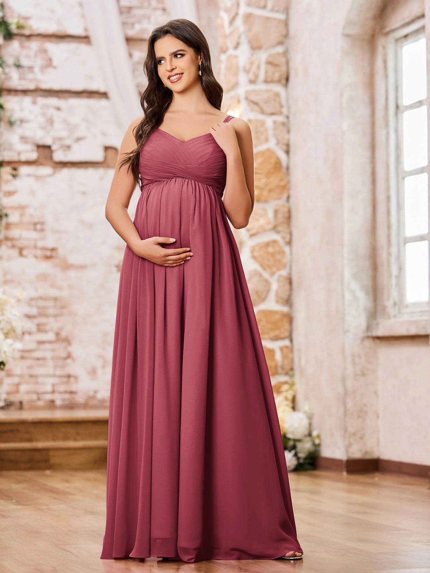 Doppelte Spaghettiträger Chiffon Maxi Empire Kleider Zimtrose