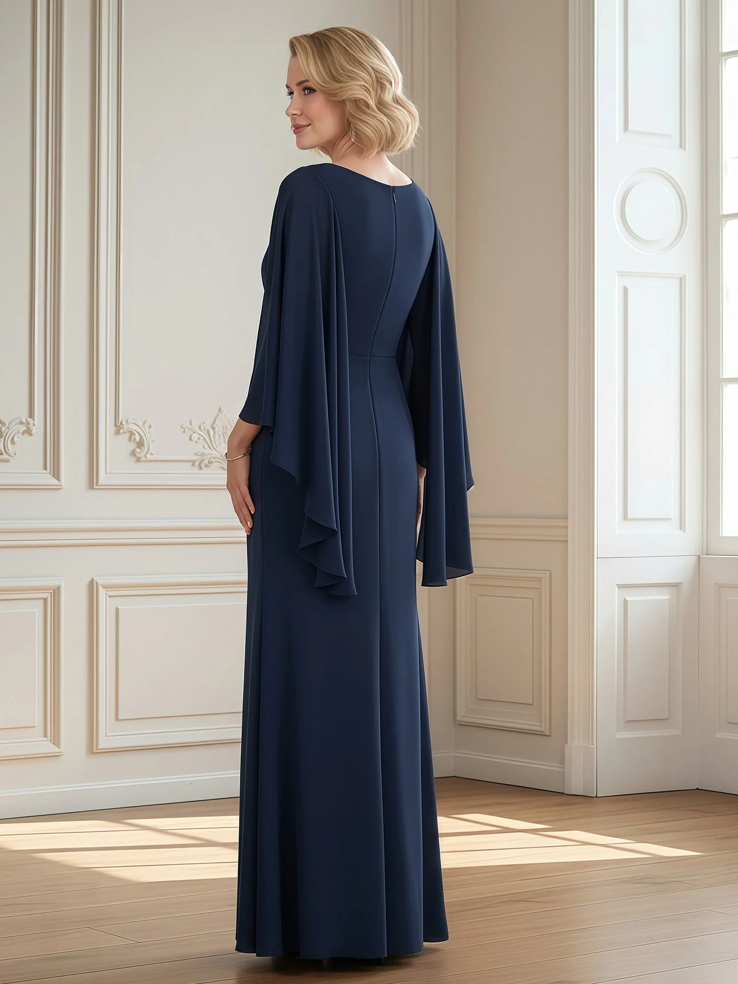 Plissee V-Ausschnitt Applique Lang Kleid mit Schlitz Spa - Image 2