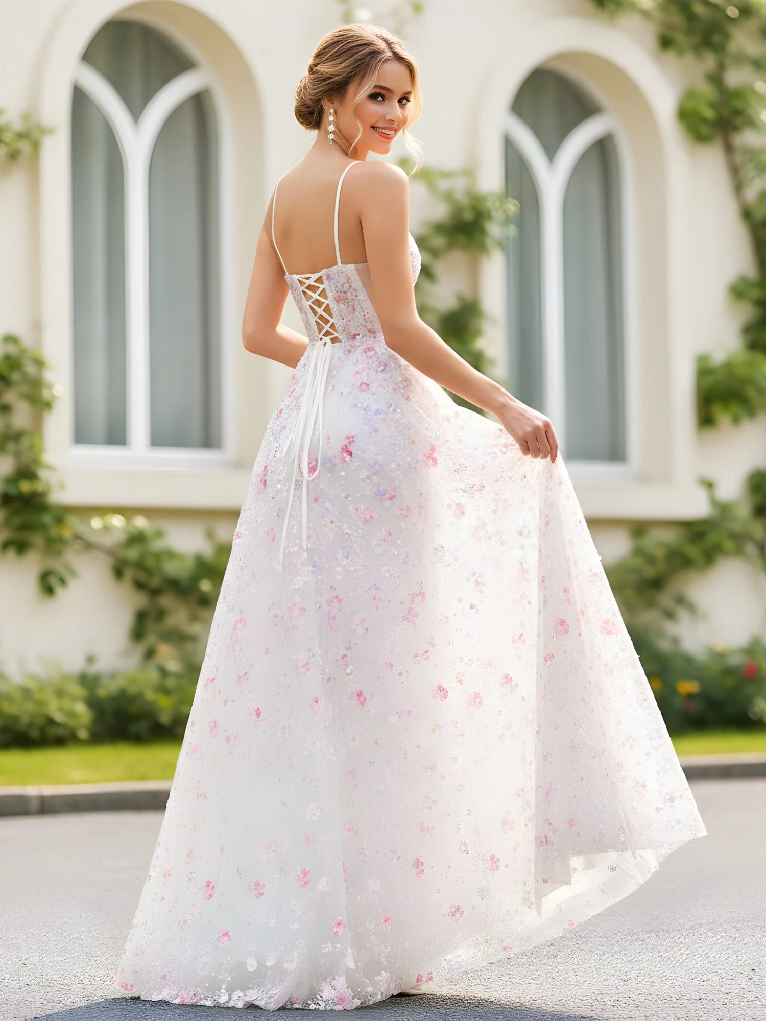 Spaghettiträger A-Linie Blumen Pailletten Lang Kleid Als Bild - Image 2