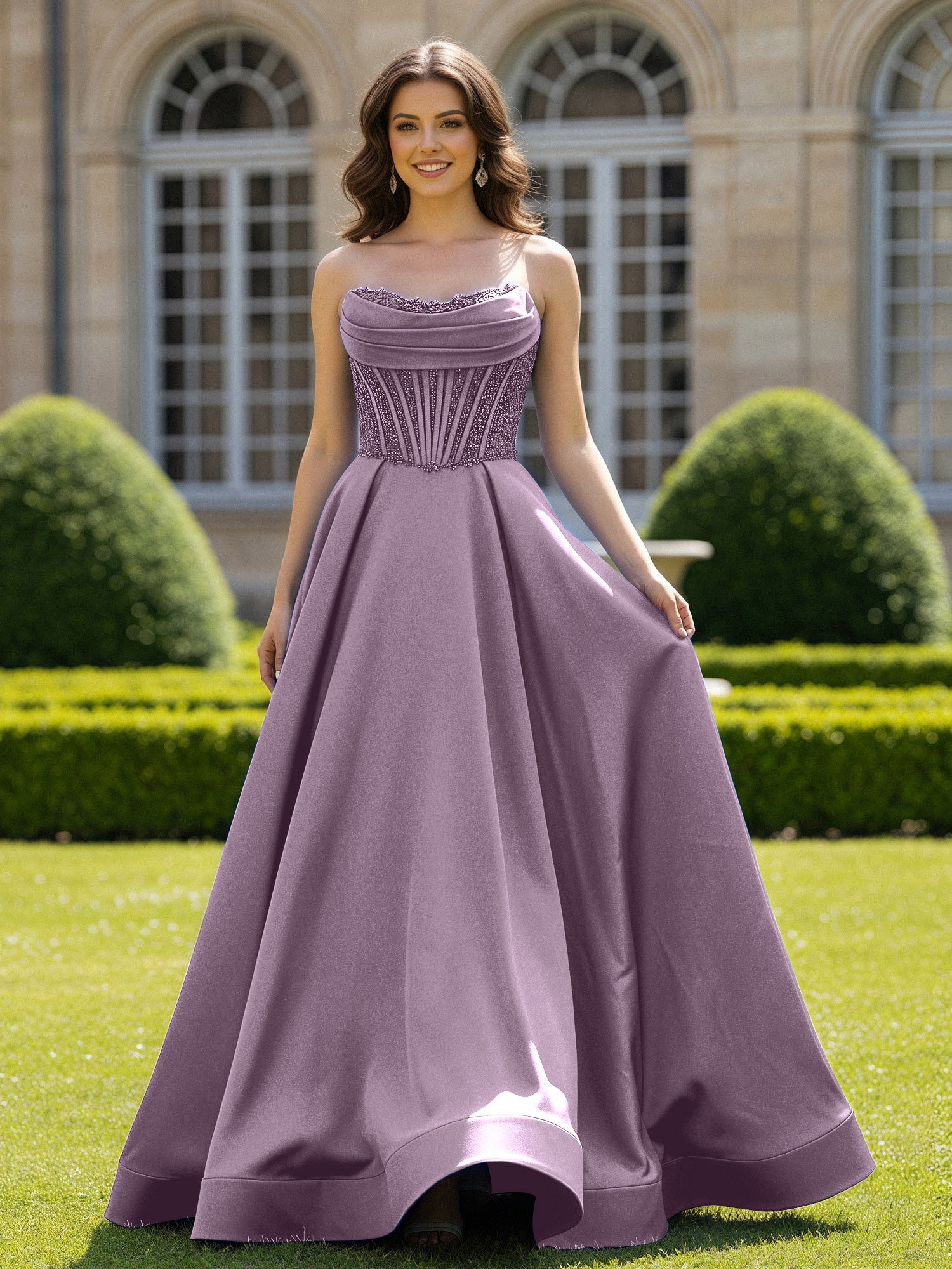 Satin Trägerlos Applique Ballkleid mit Schleppe Blauregen