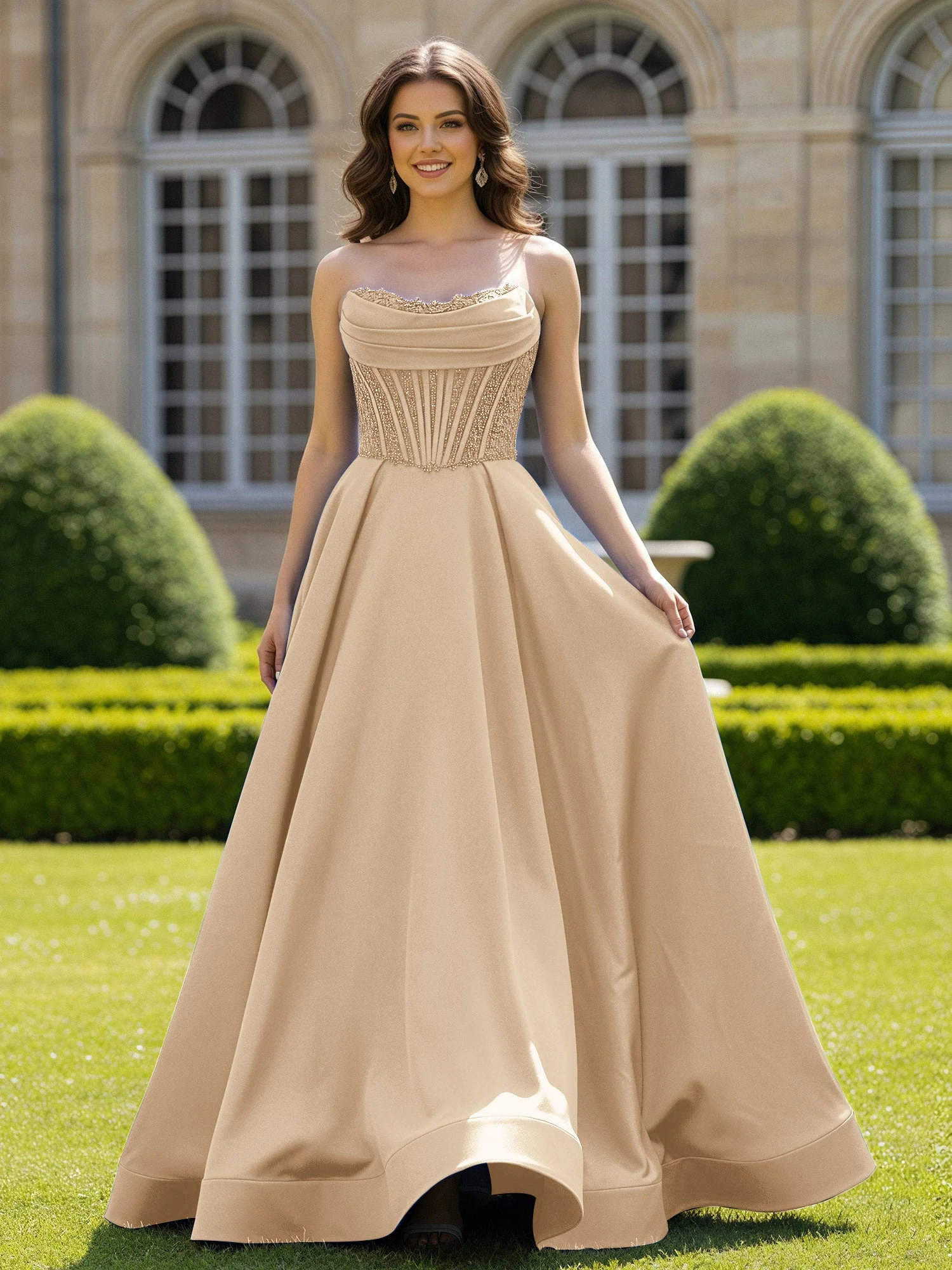 Satin Trägerlos Applique Ballkleid mit Schleppe Champagner