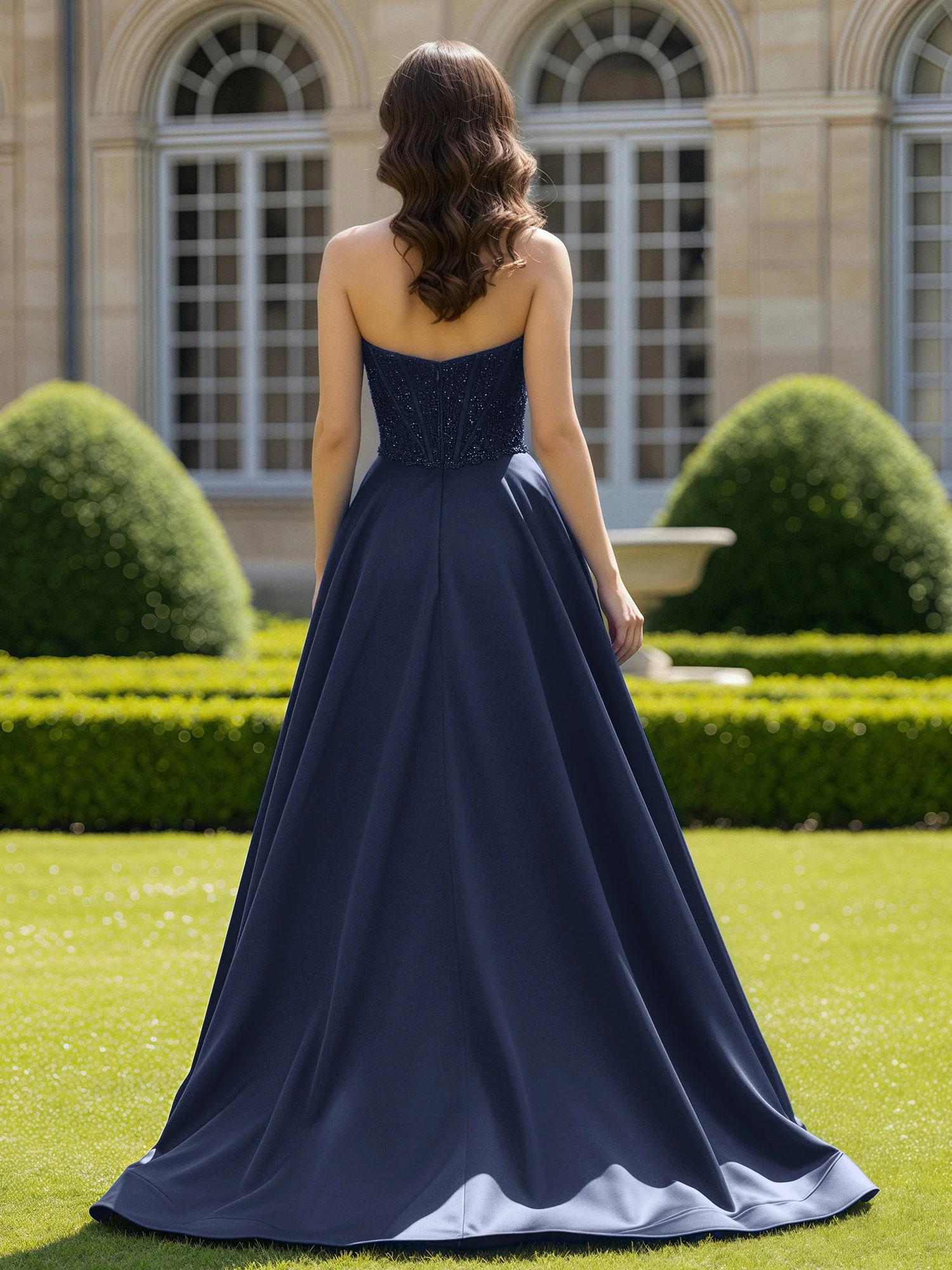 Satin Trägerlos Applique Ballkleid mit Schleppe Dunkelmarine - Image 2
