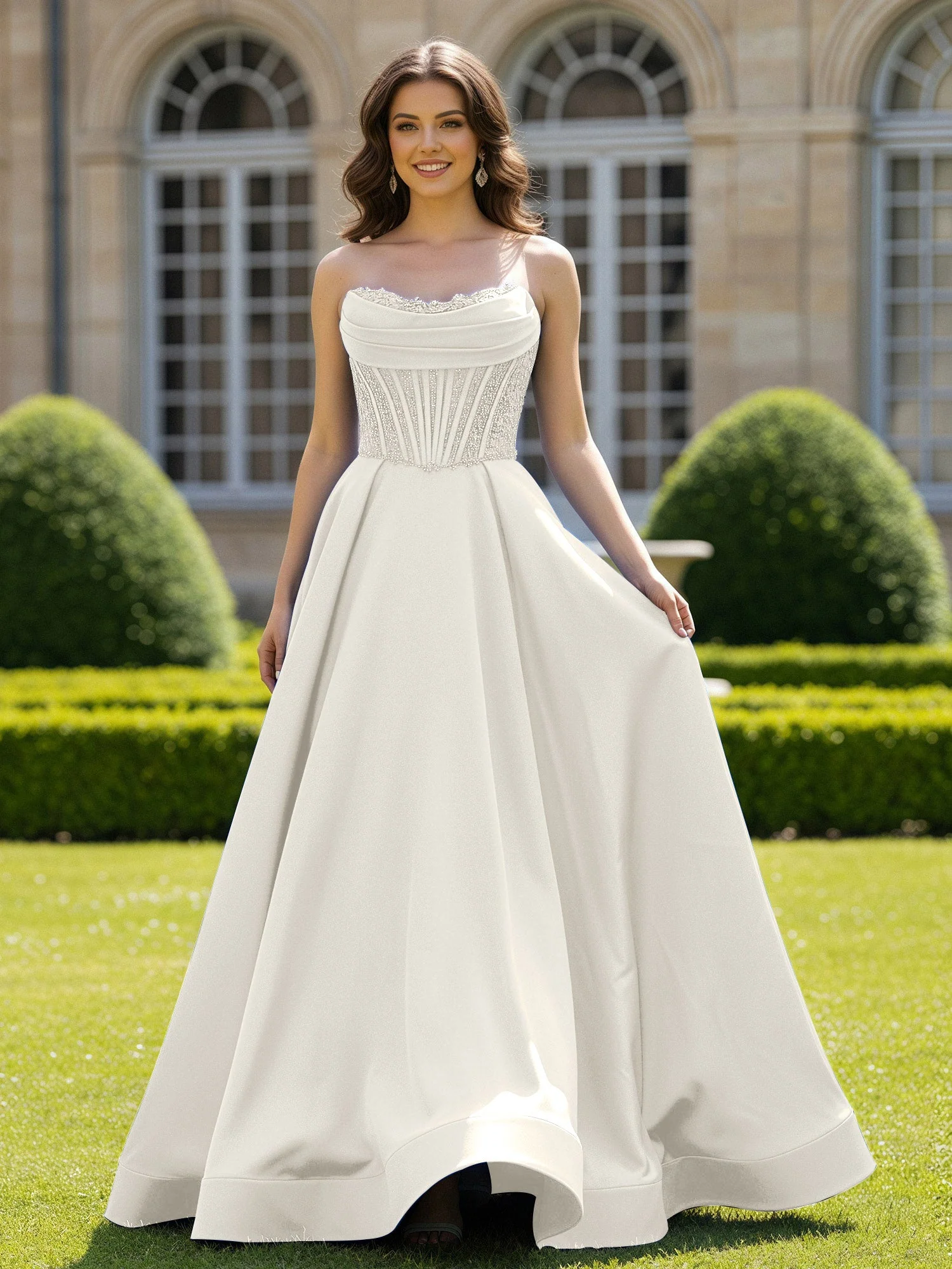 Satin Trägerlos Applique Ballkleid mit Schleppe Elfenbein