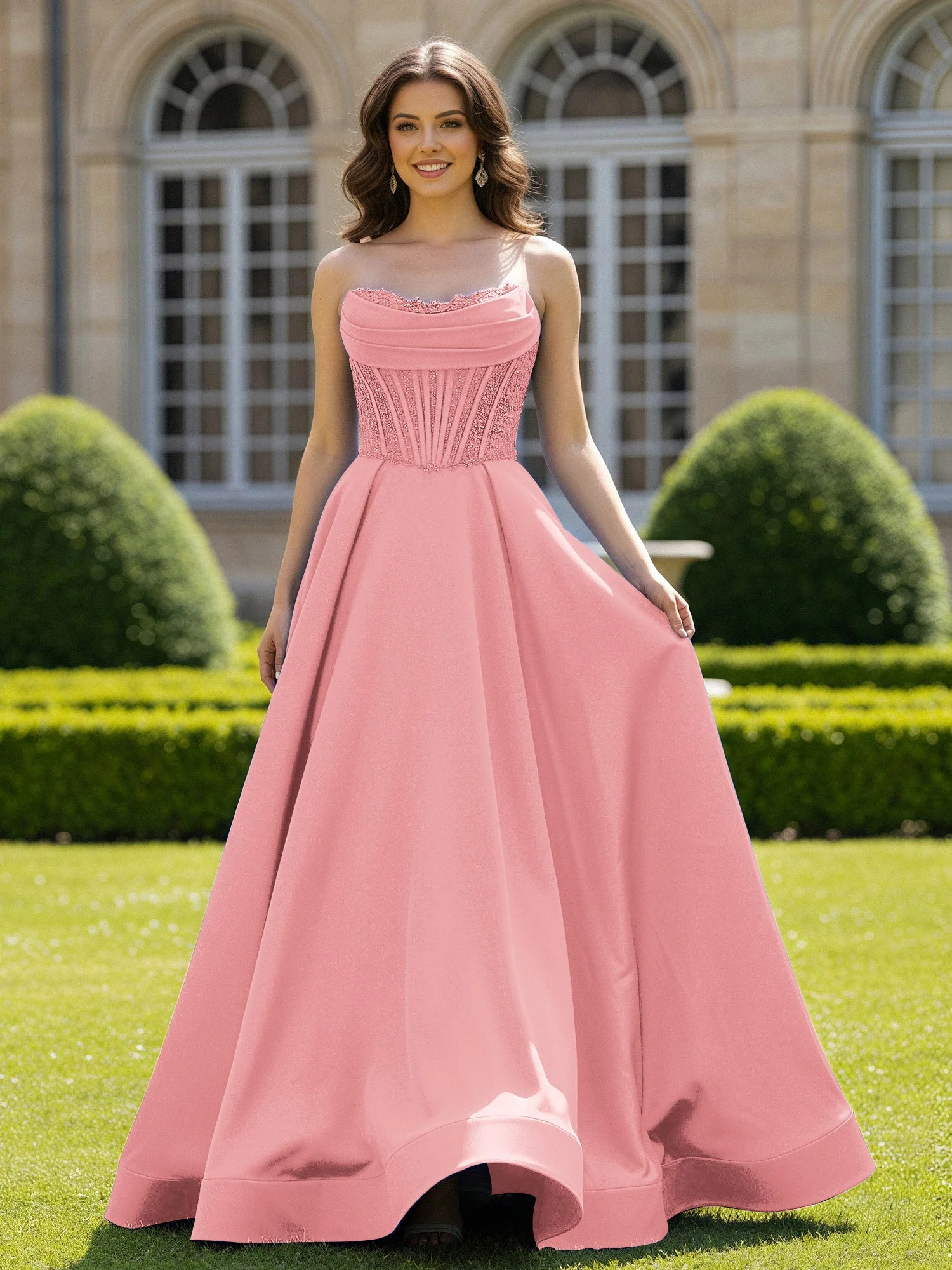 Satin Trägerlos Applique Ballkleid mit Schleppe Flamingo