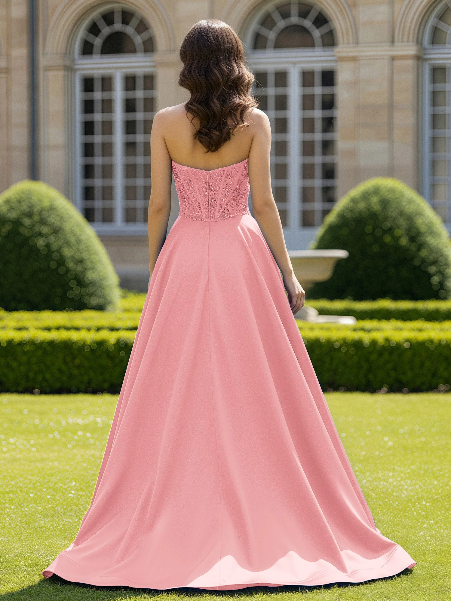 Satin Trägerlos Applique Ballkleid mit Schleppe Flamingo - Image 2
