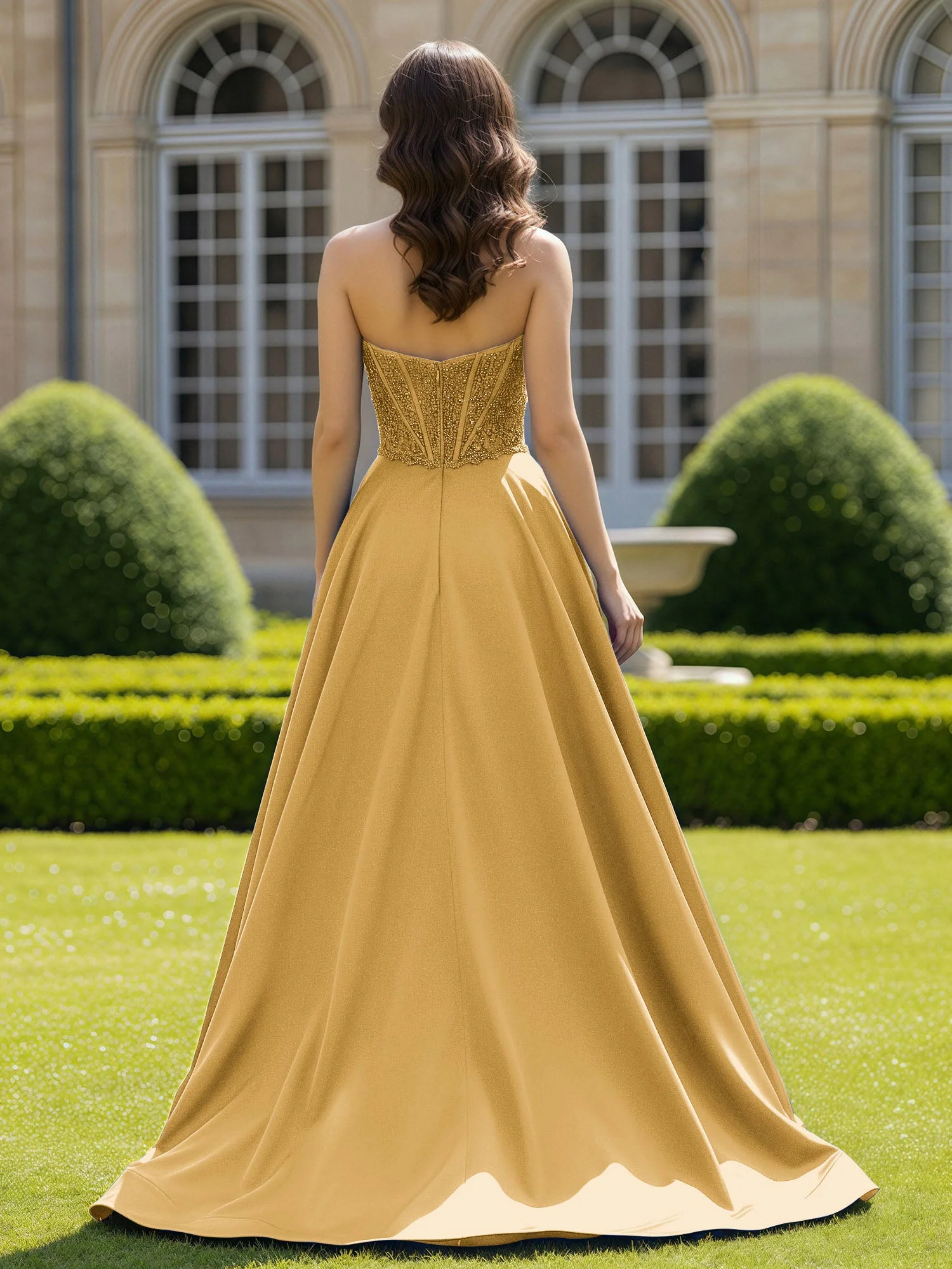 Satin Trägerlos Applique Ballkleid mit Schleppe Gold - Image 2