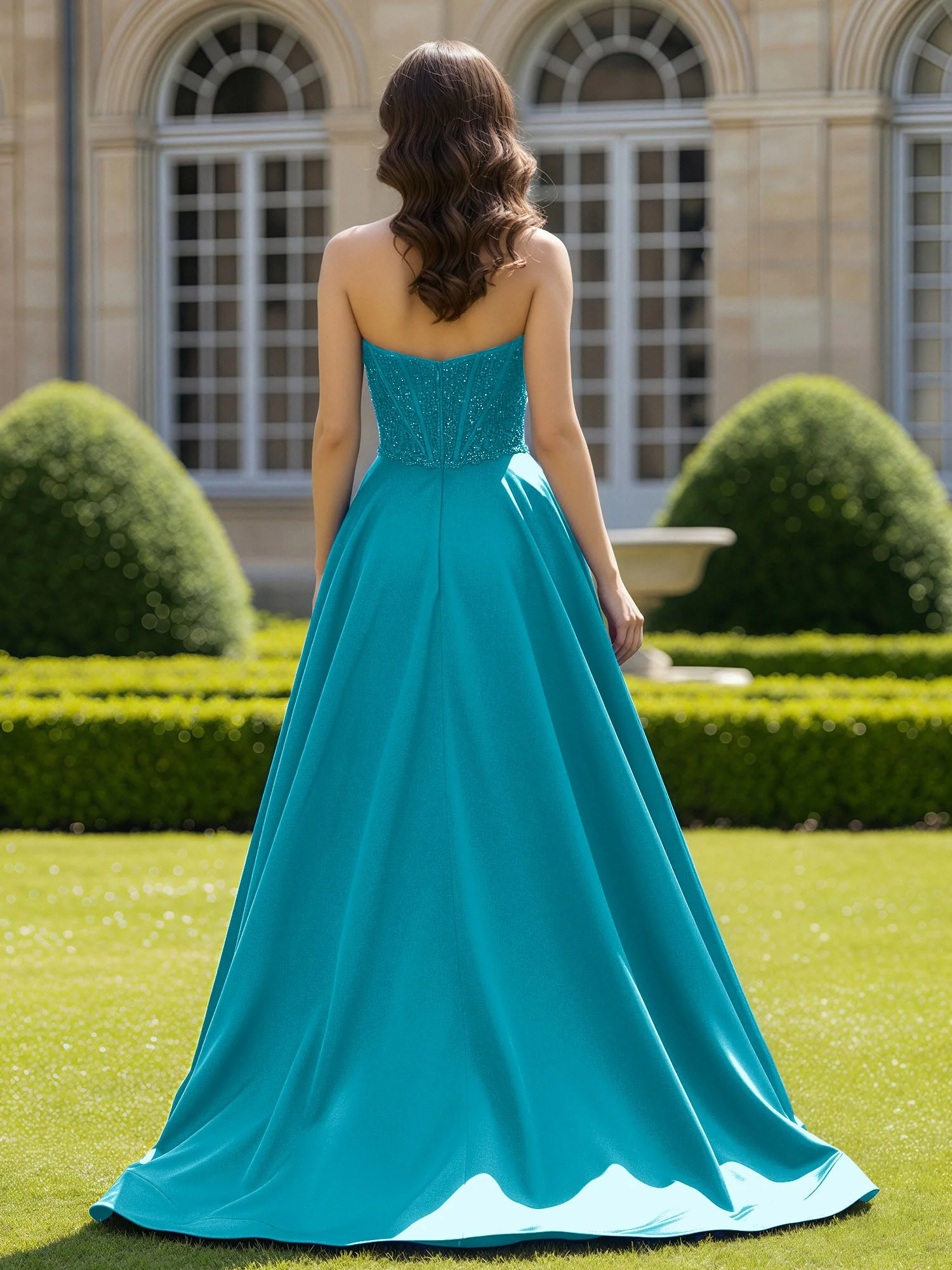 Satin Trägerlos Applique Ballkleid mit Schleppe Jade - Image 2