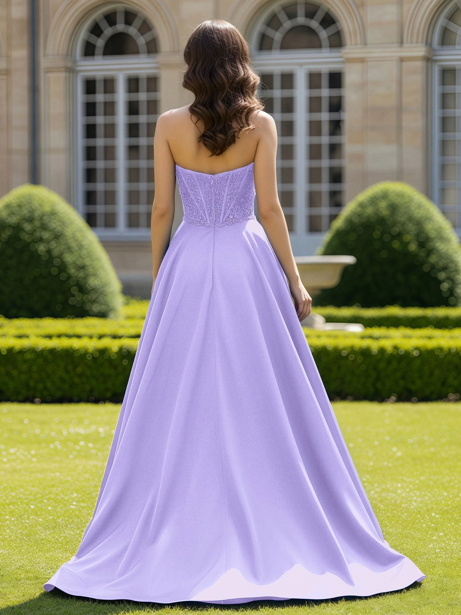 Satin Trägerlos Applique Ballkleid mit Schleppe Lila - Image 2
