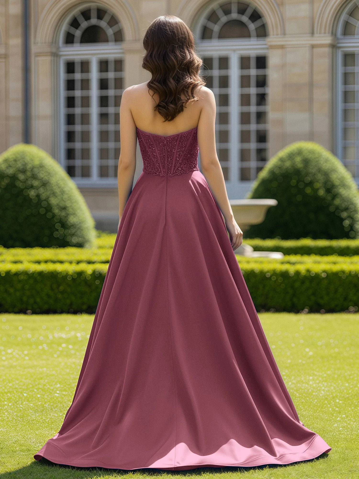 Satin Trägerlos Applique Ballkleid mit Schleppe Maulbeere - Image 2