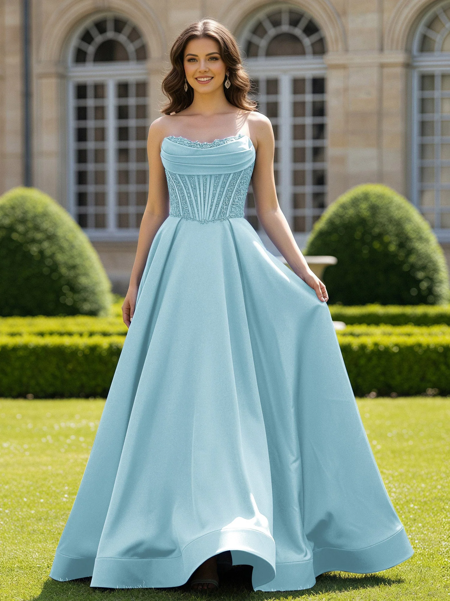 Satin Trägerlos Applique Ballkleid mit Schleppe Nebel