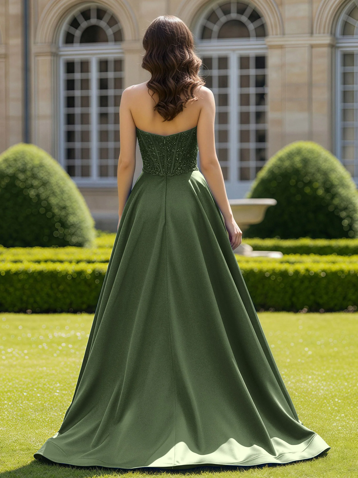 Satin Trägerlos Applique Ballkleid mit Schleppe Olivgrün - Image 2