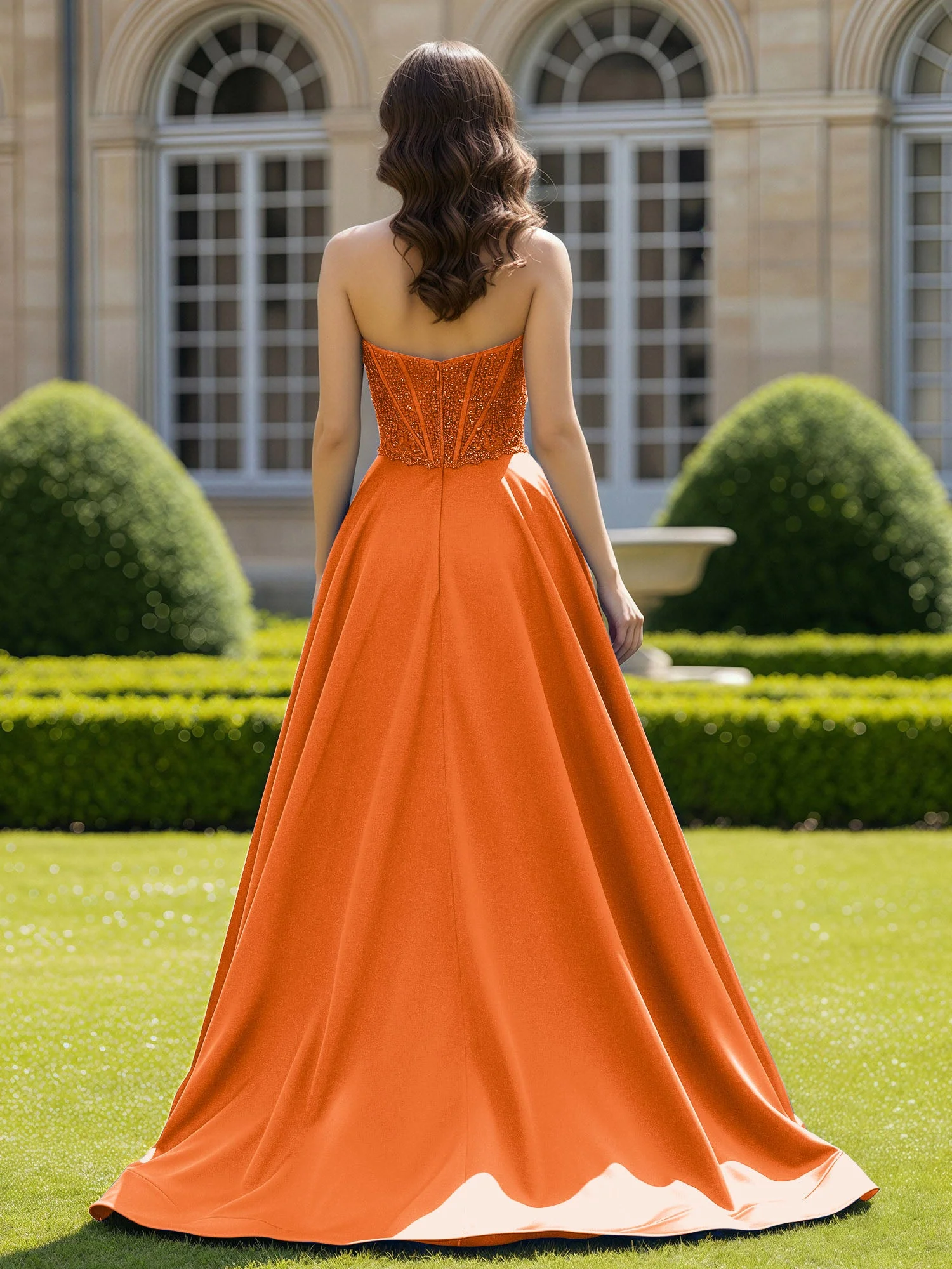 Satin Trägerlos Applique Ballkleid mit Schleppe Orange - Image 2