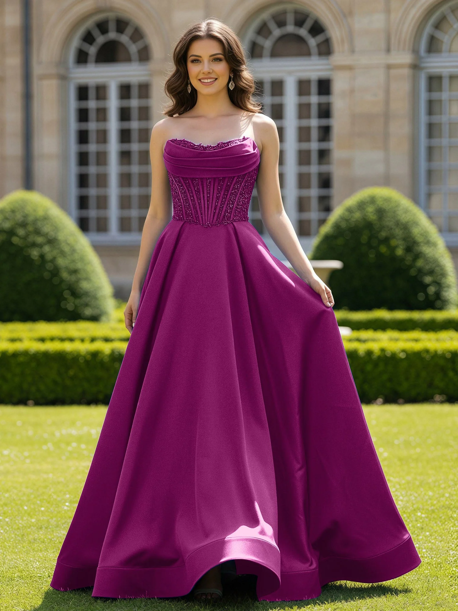 Satin Trägerlos Applique Ballkleid mit Schleppe Orchidee