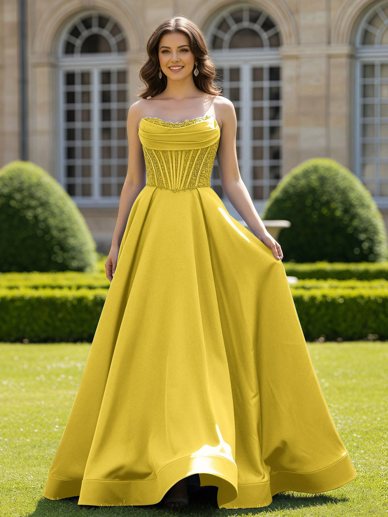 Satin Trägerlos Applique Ballkleid mit Schleppe Ringelblume