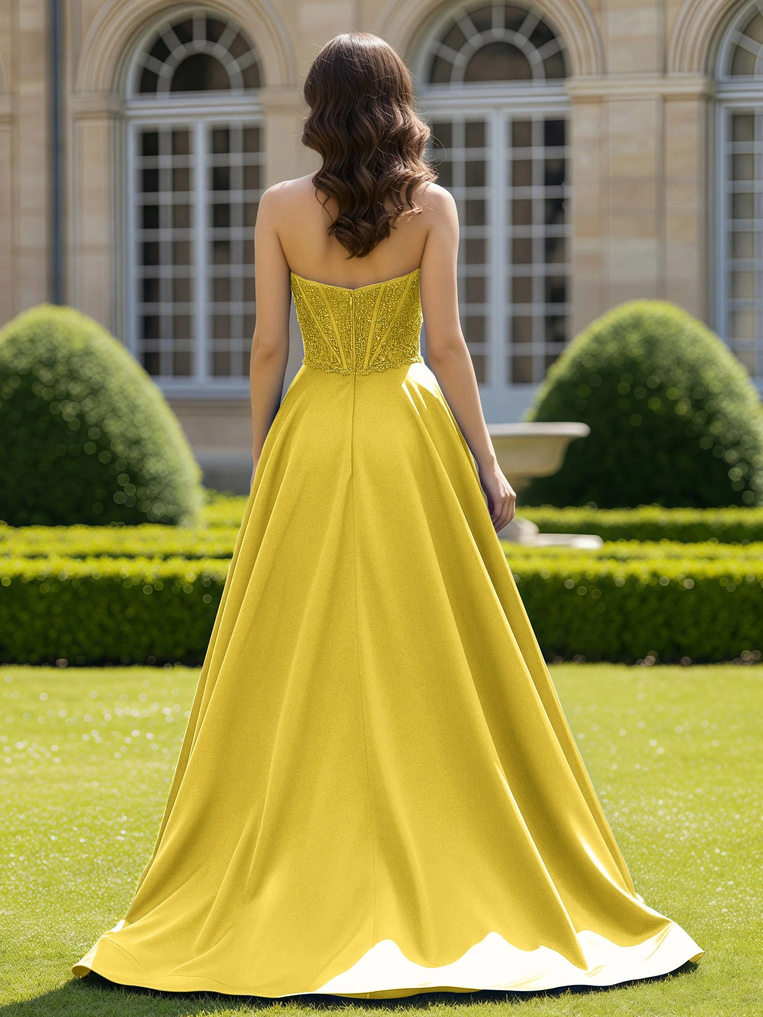 Satin Trägerlos Applique Ballkleid mit Schleppe Ringelblume - Image 2