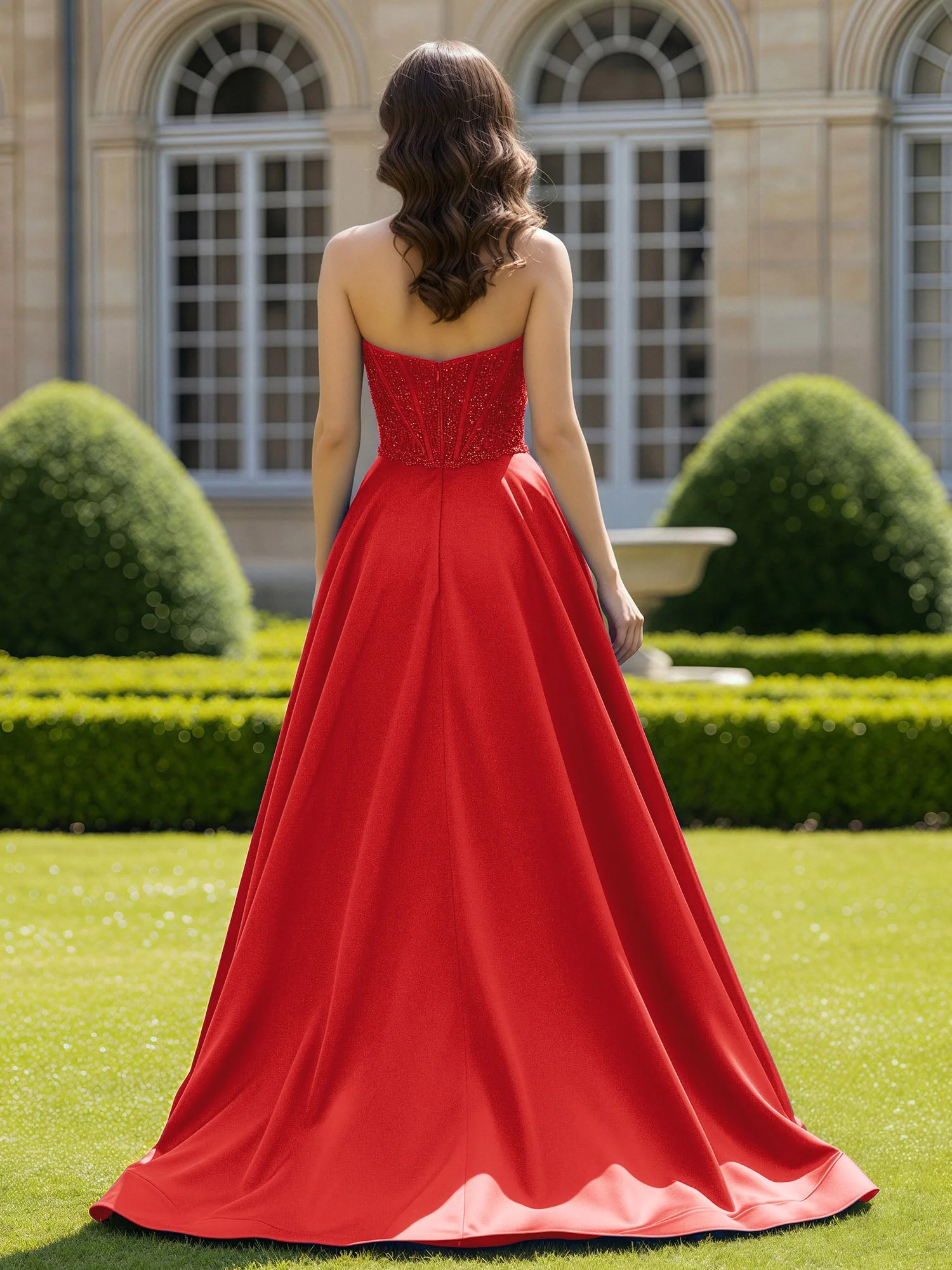 Satin Trägerlos Applique Ballkleid mit Schleppe Rot - Image 2