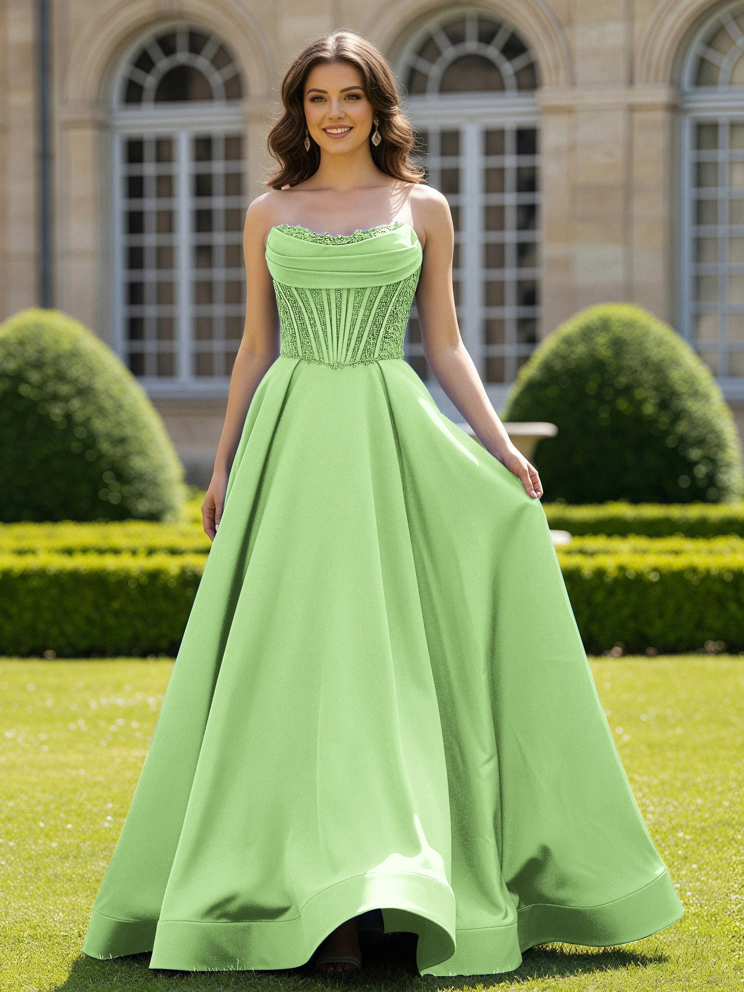 Satin Trägerlos Applique Ballkleid mit Schleppe Salbei
