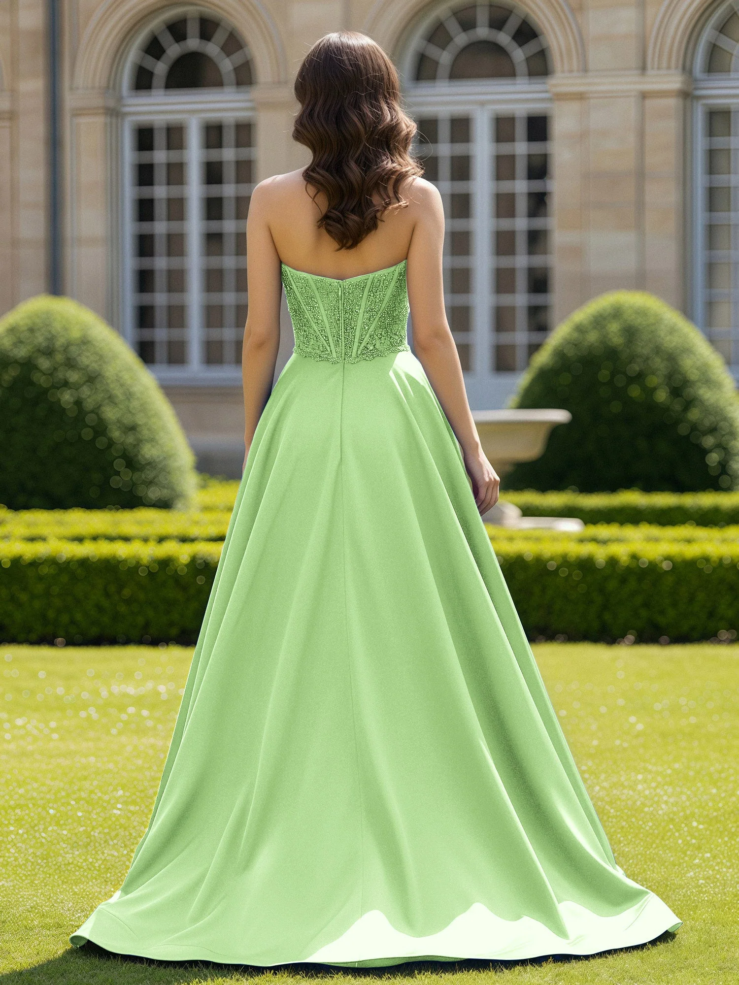 Satin Trägerlos Applique Ballkleid mit Schleppe Salbei - Image 2