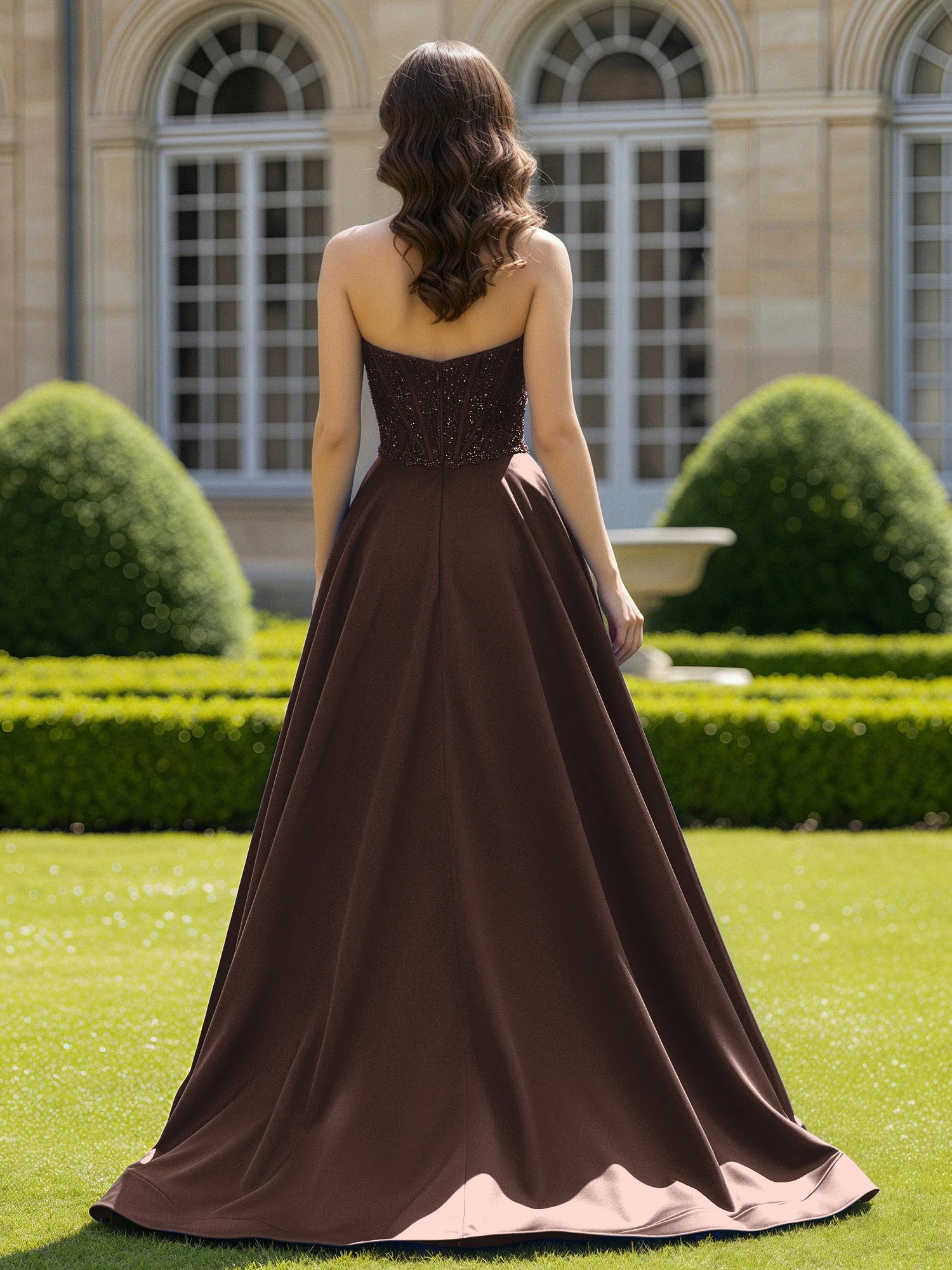 Satin Trägerlos Applique Ballkleid mit Schleppe Schokolade - Image 2
