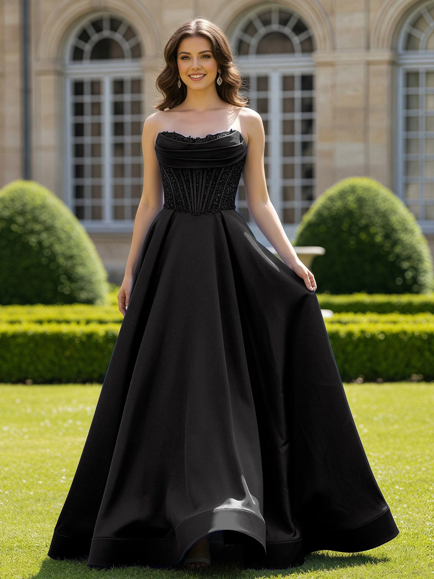 Satin Trägerlos Applique Ballkleid mit Schleppe Schwarz