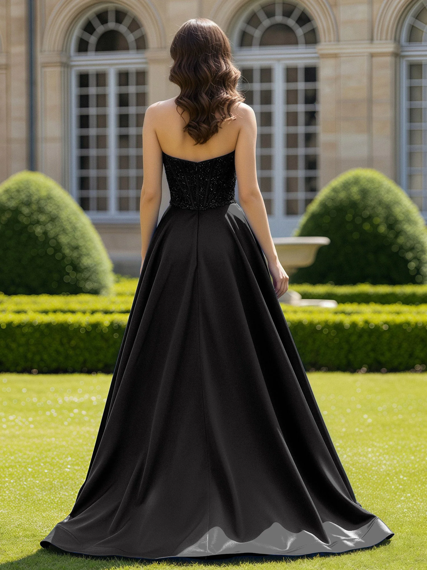 Satin Trägerlos Applique Ballkleid mit Schleppe Schwarz - Image 2