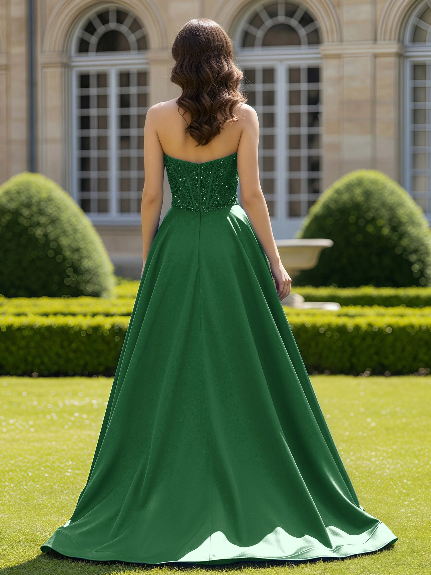 Satin Trägerlos Applique Ballkleid mit Schleppe Smaragd - Image 2