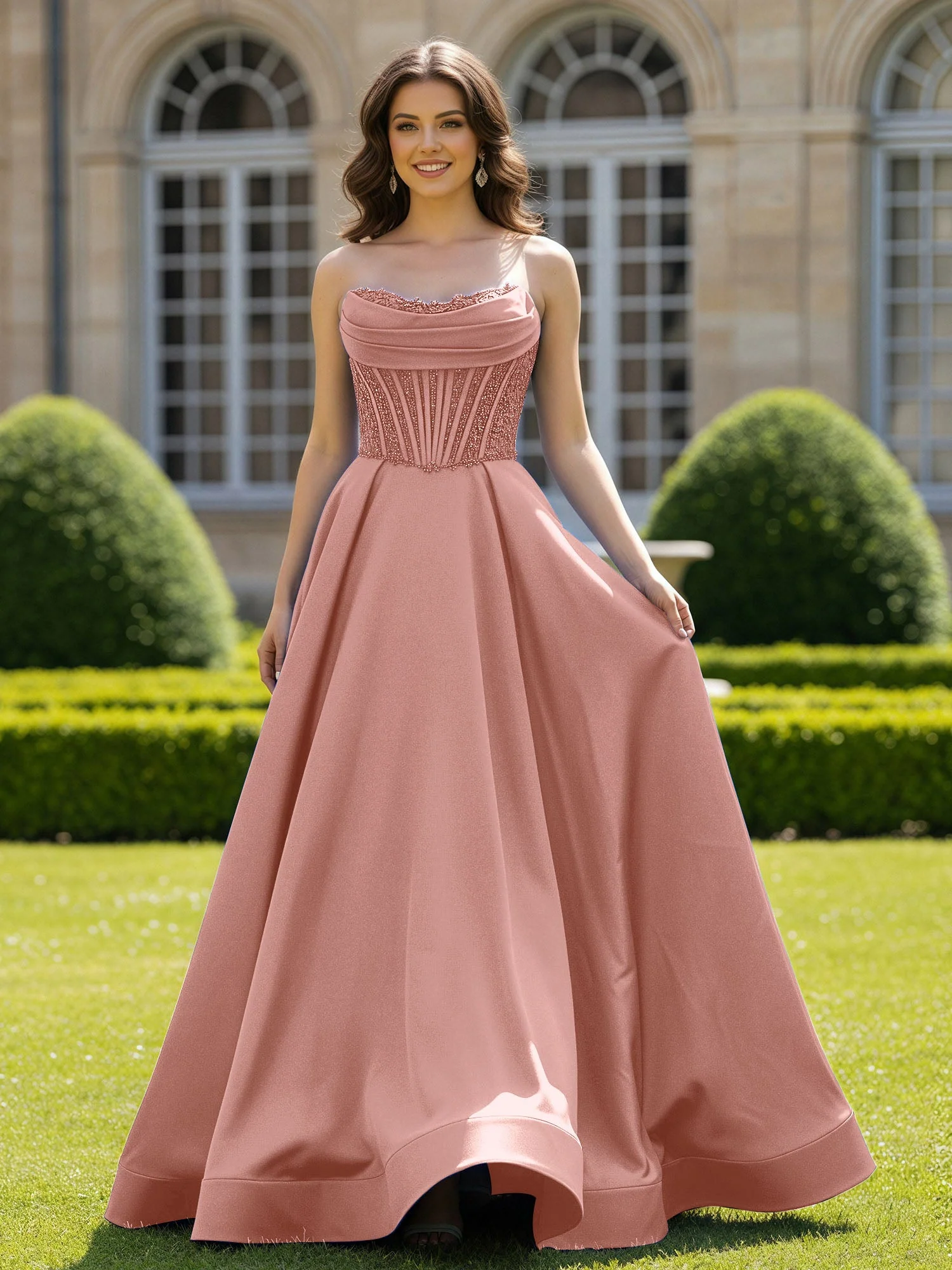 Satin Trägerlos Applique Ballkleid mit Schleppe Staubige Rosa