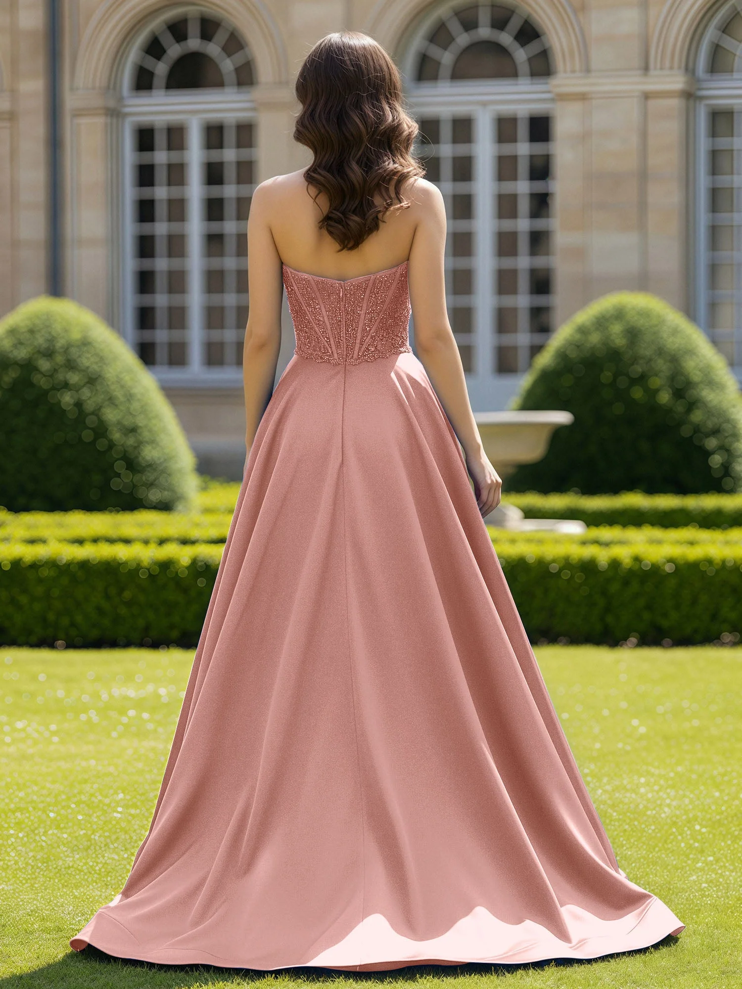 Satin Trägerlos Applique Ballkleid mit Schleppe Staubige Rosa - Image 2