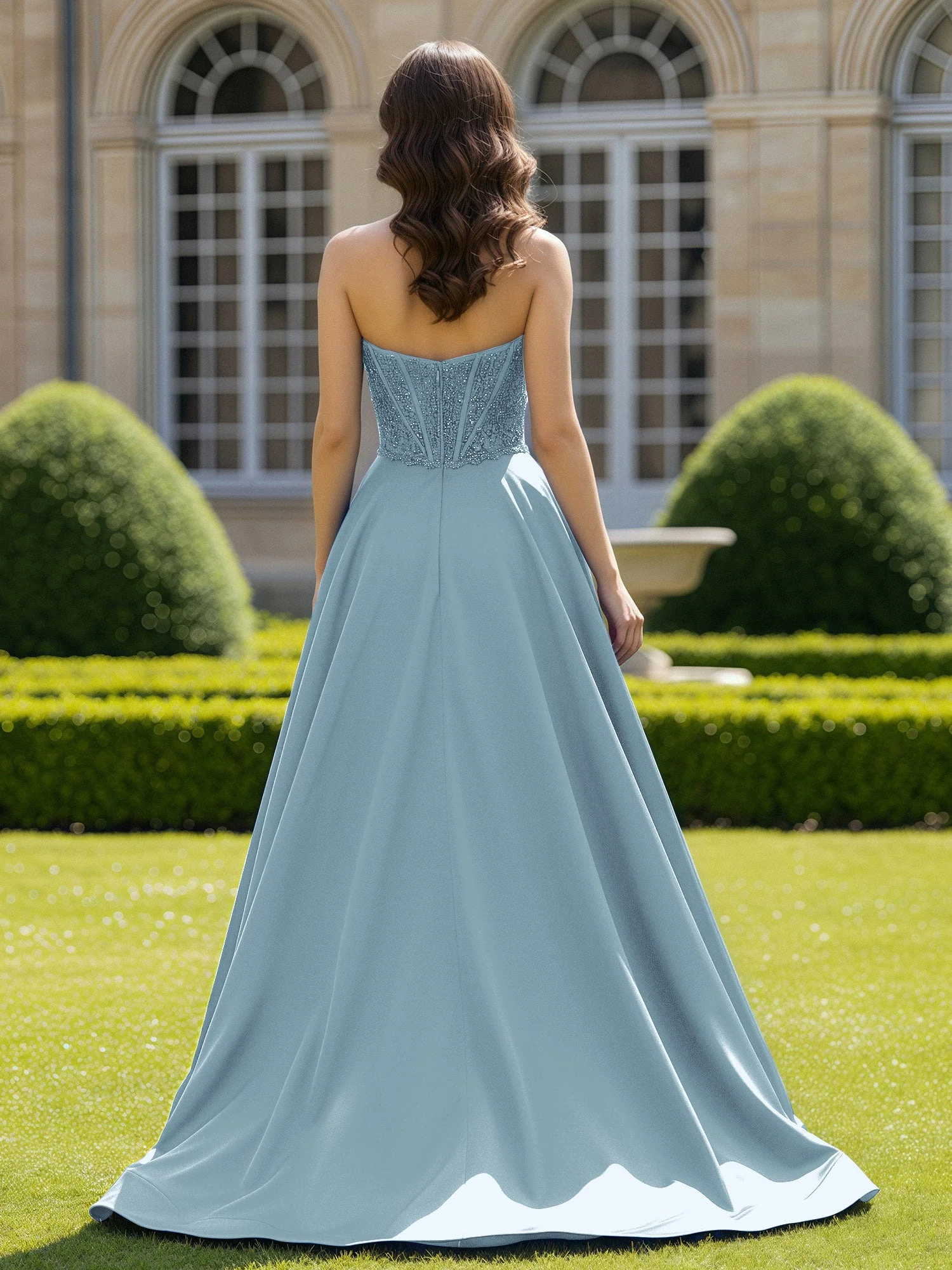 Satin Trägerlos Applique Ballkleid mit Schleppe Staubiges Blau - Image 2