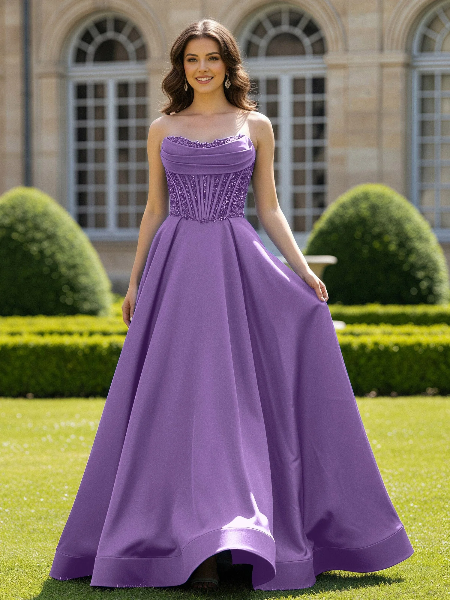 Satin Trägerlos Applique Ballkleid mit Schleppe Tahiti