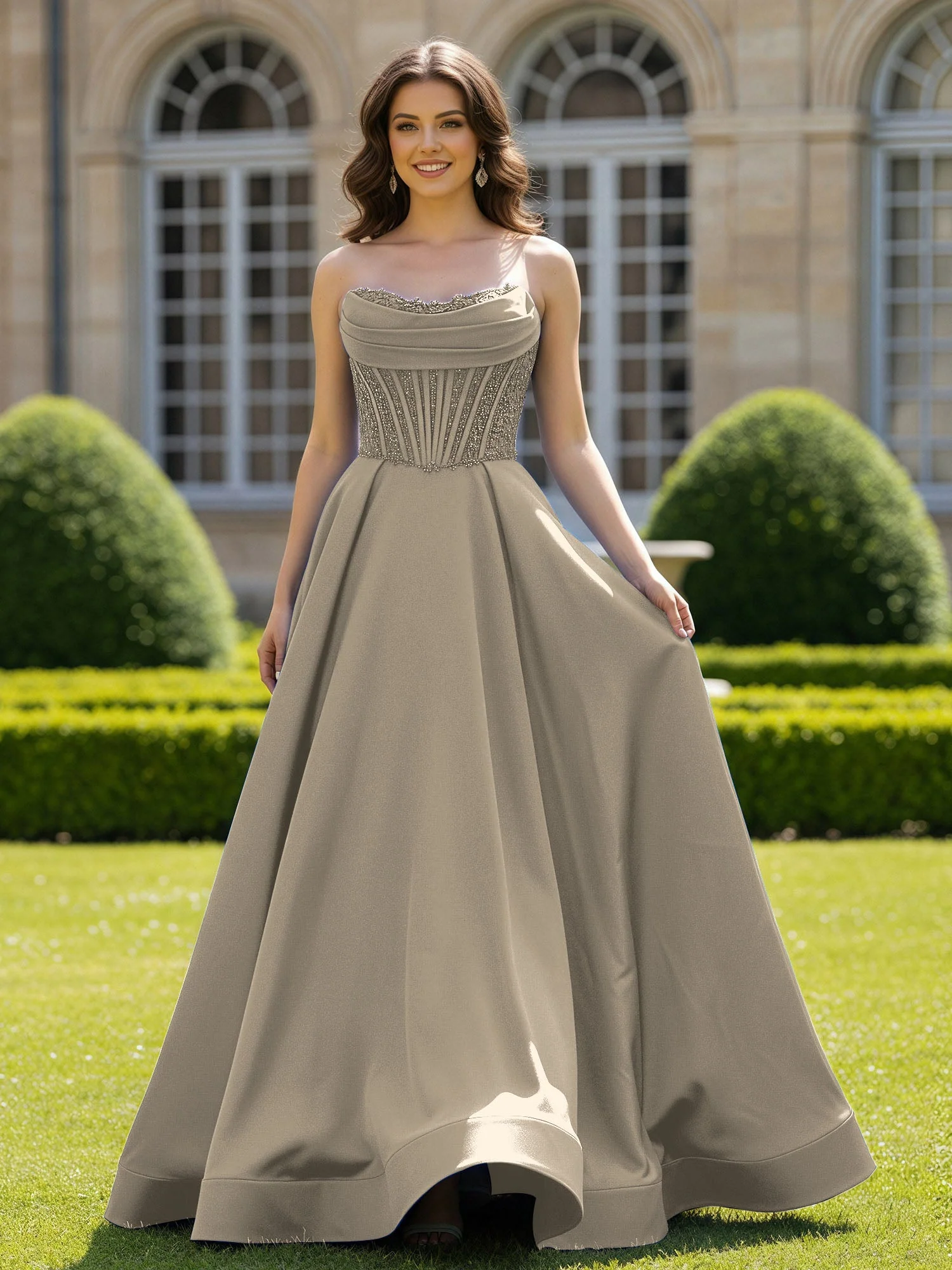 Satin Trägerlos Applique Ballkleid mit Schleppe Taupe