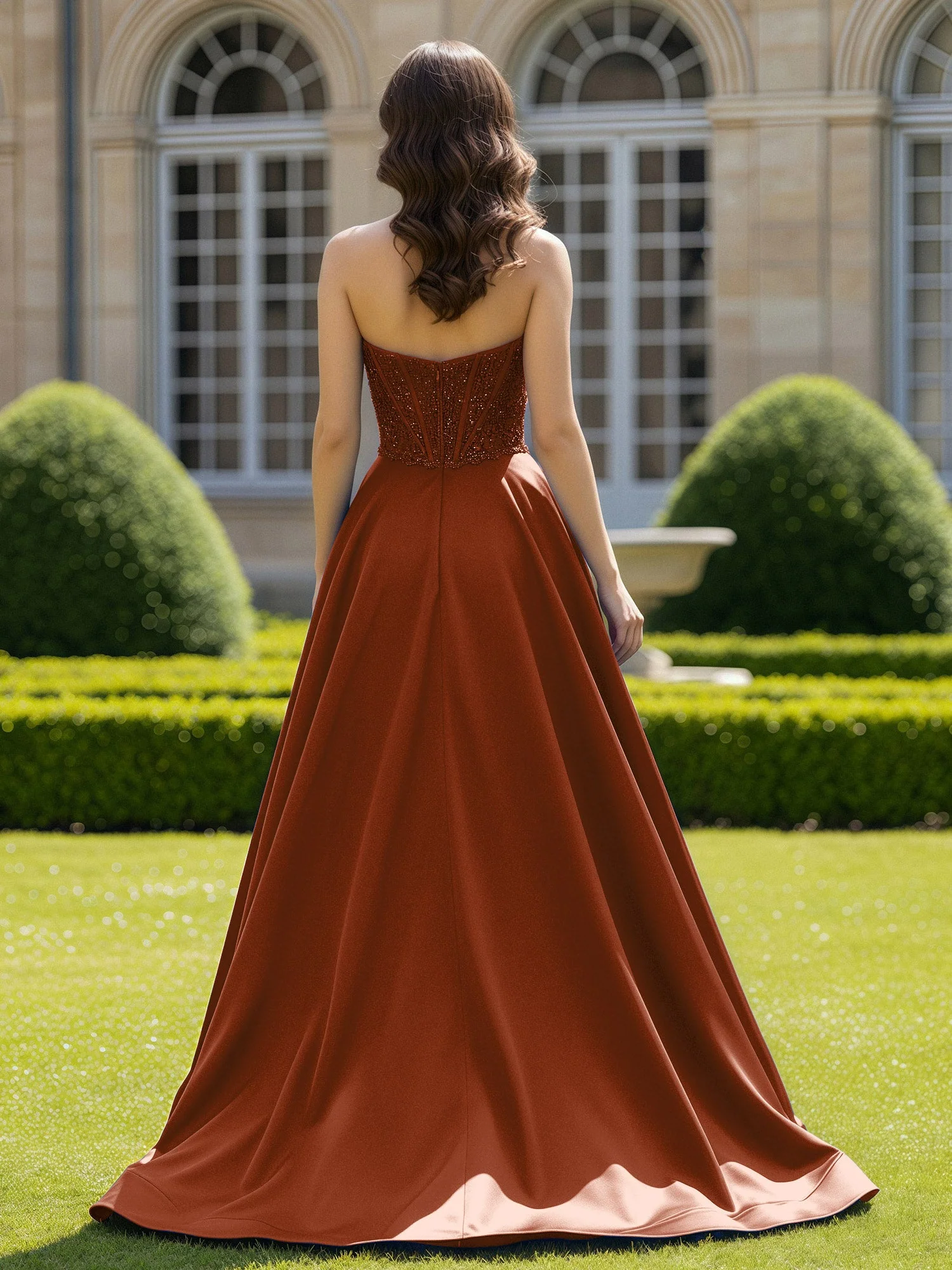 Satin Trägerlos Applique Ballkleid mit Schleppe Terrakotta - Image 2