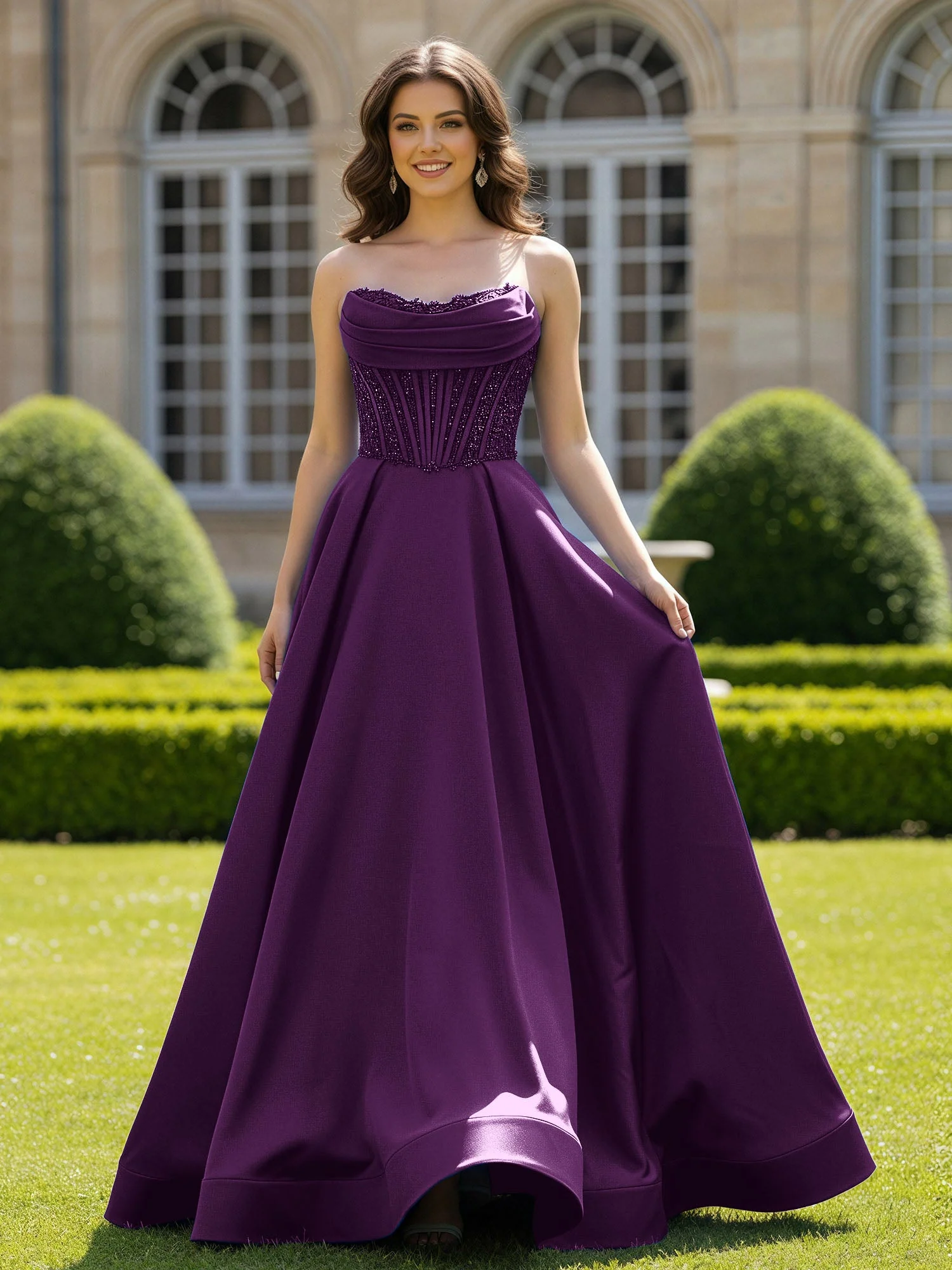 Satin Trägerlos Applique Ballkleid mit Schleppe Traube