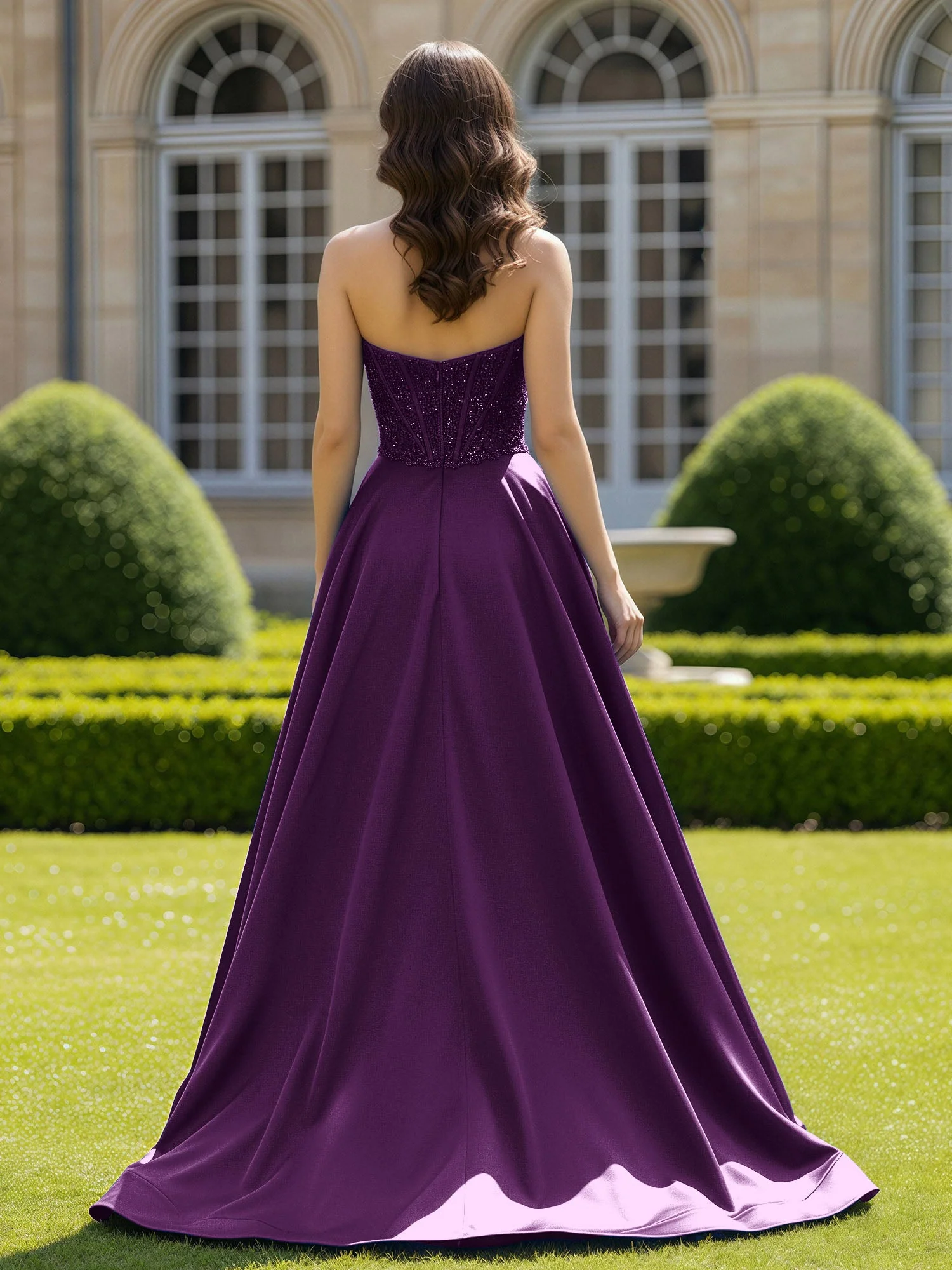 Satin Trägerlos Applique Ballkleid mit Schleppe Traube - Image 2