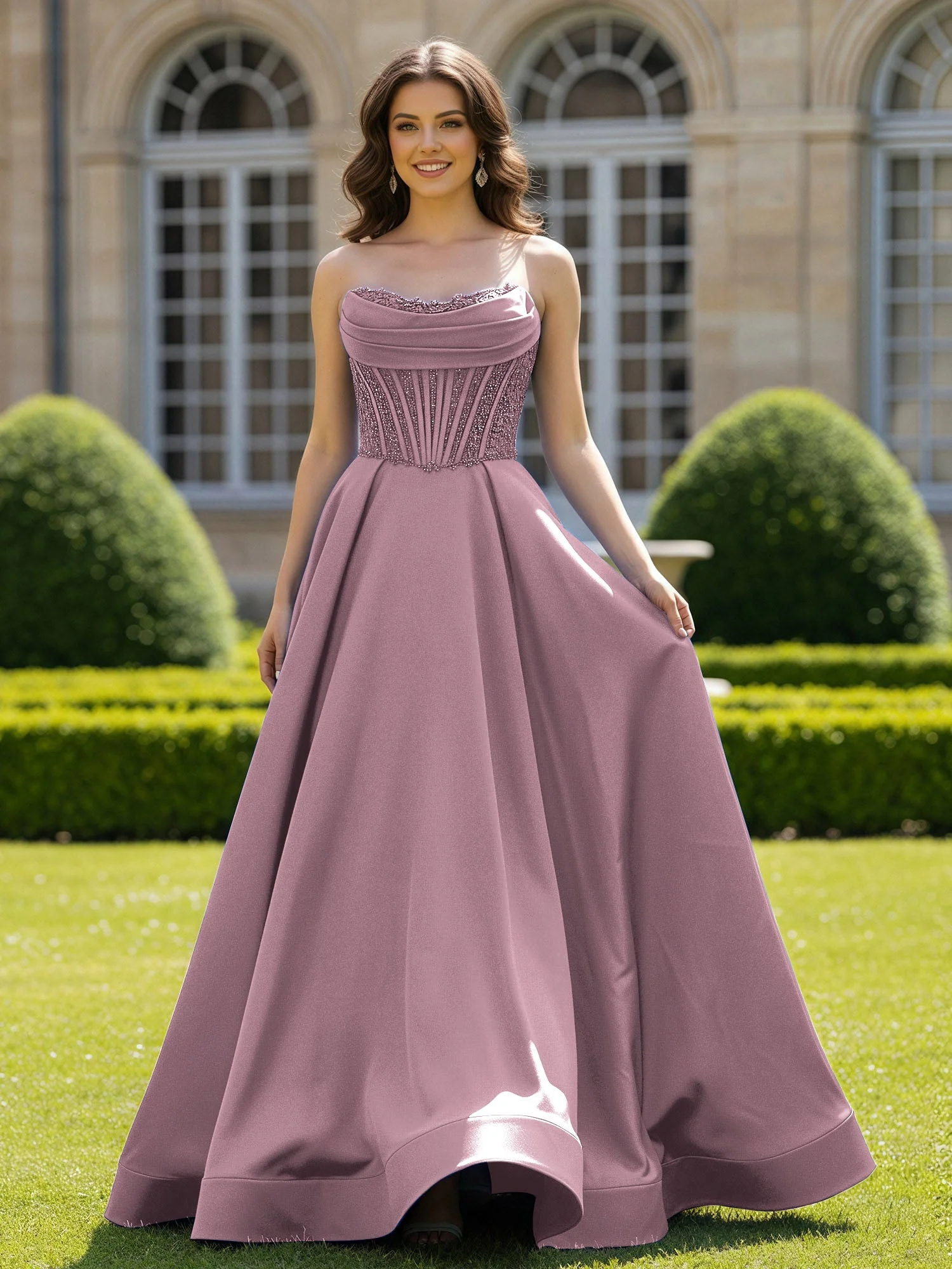 Satin Trägerlos Applique Ballkleid mit Schleppe Vintage Mauve