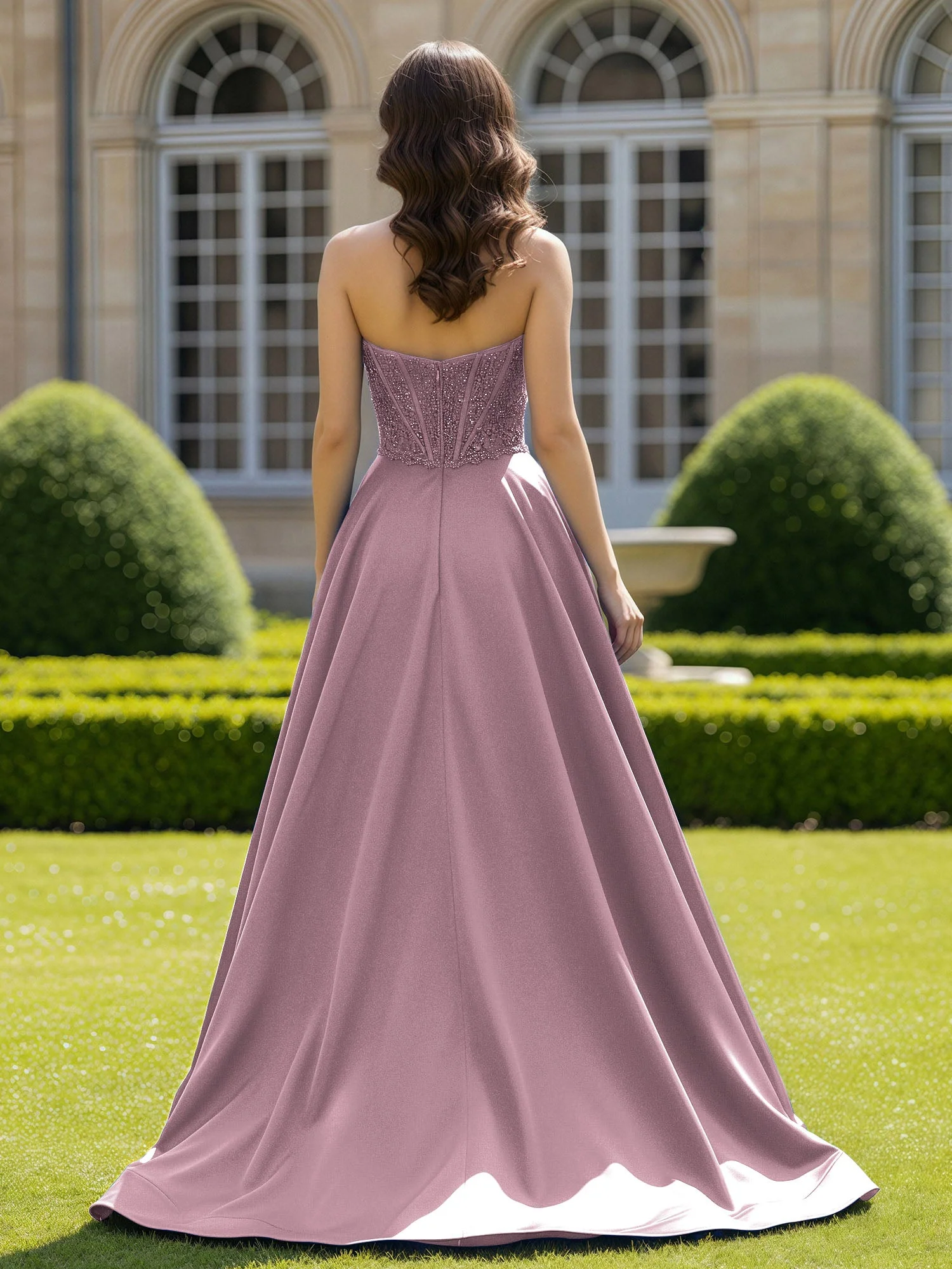 Satin Trägerlos Applique Ballkleid mit Schleppe Vintage Mauve - Image 2