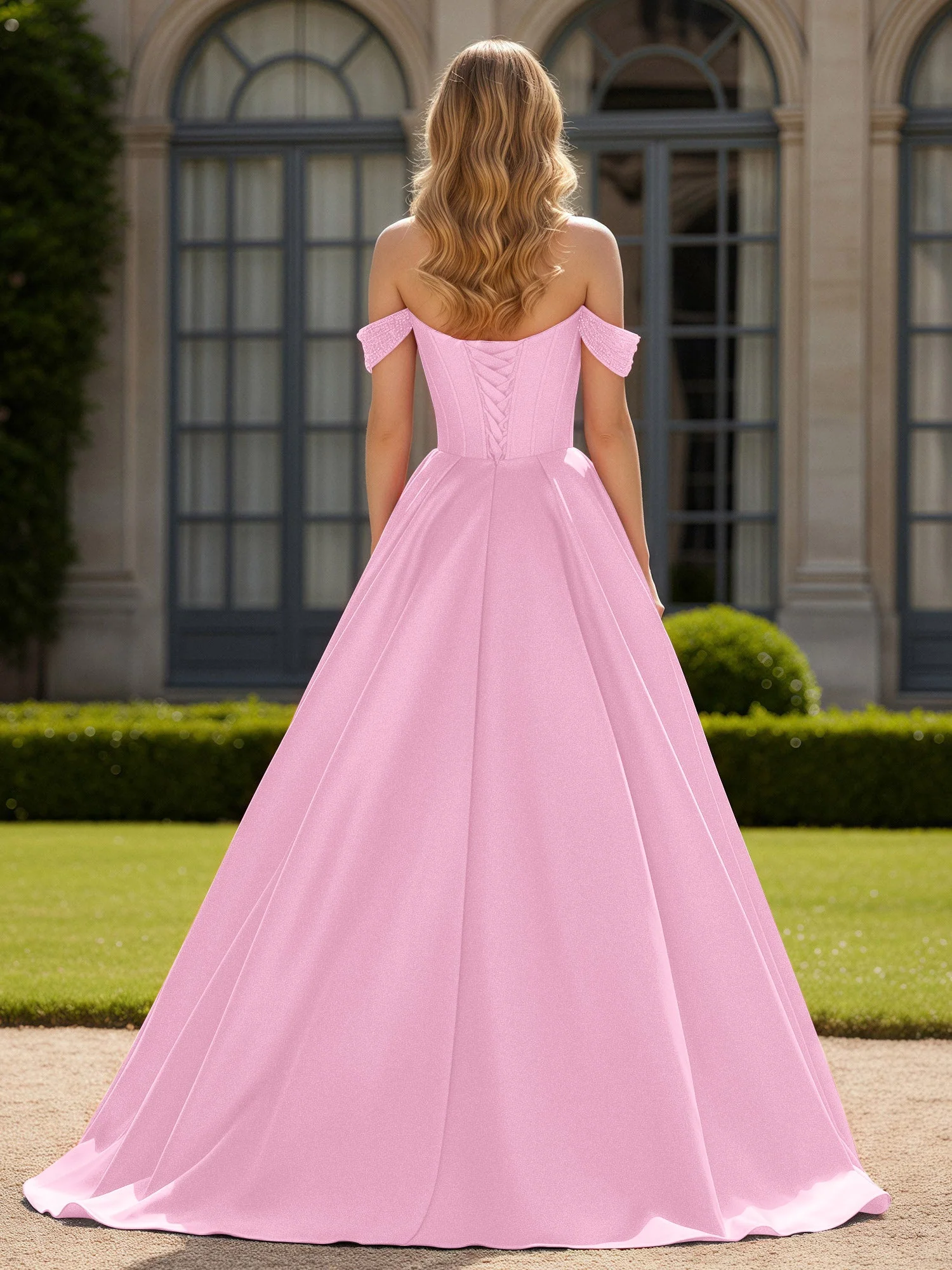 Schulterfrei Perlen Herzform A-Linie Kleid mit Schlitz Bonbonrosa - Image 2