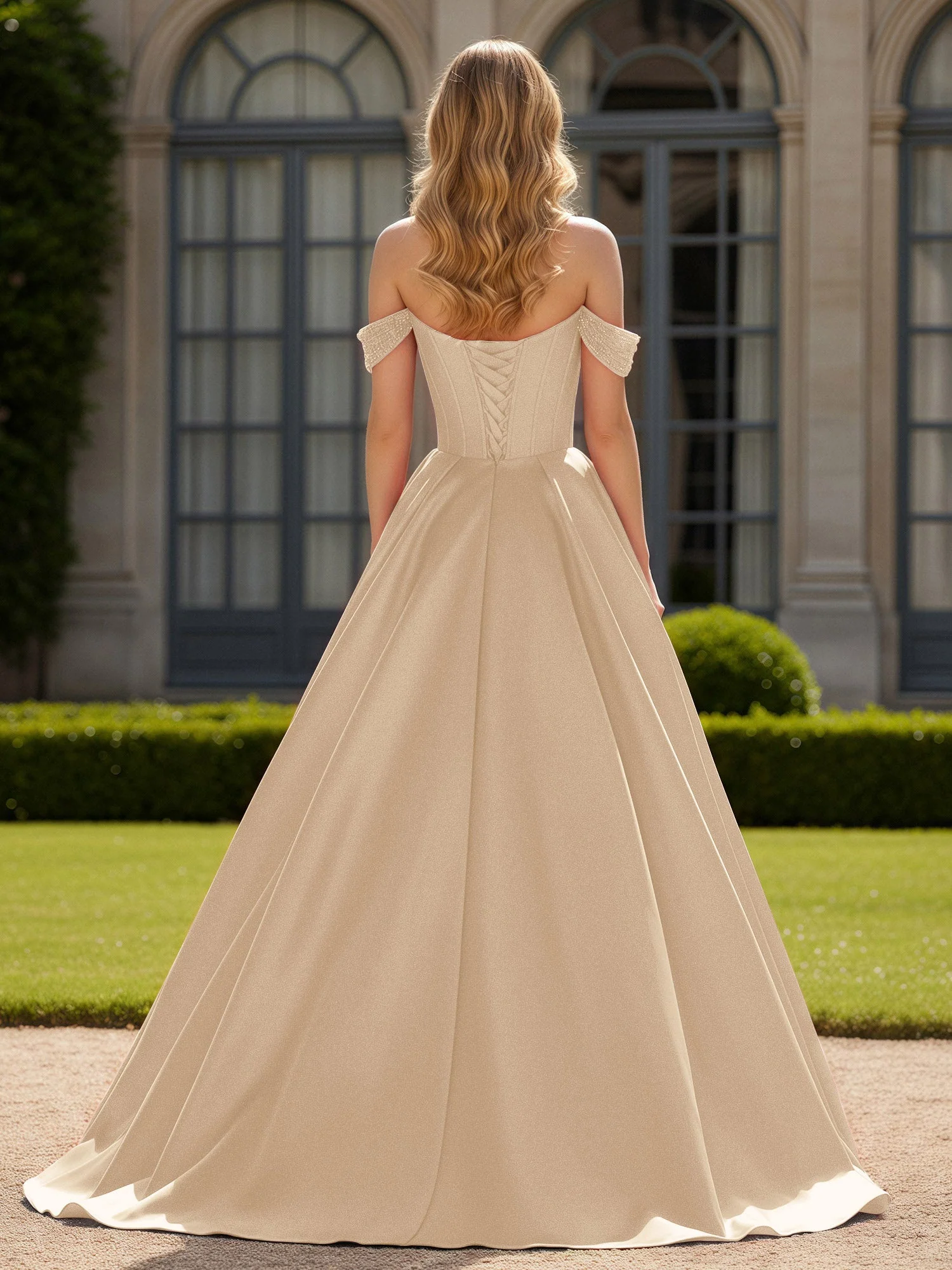 Schulterfrei Perlen Herzform A-Linie Kleid mit Schlitz Champagner - Image 2
