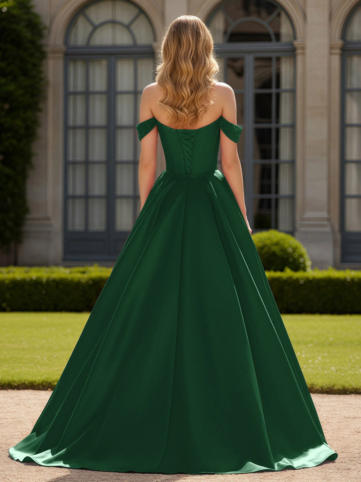 Schulterfrei Perlen Herzform A-Linie Kleid mit Schlitz Dunkelgrün - Image 2