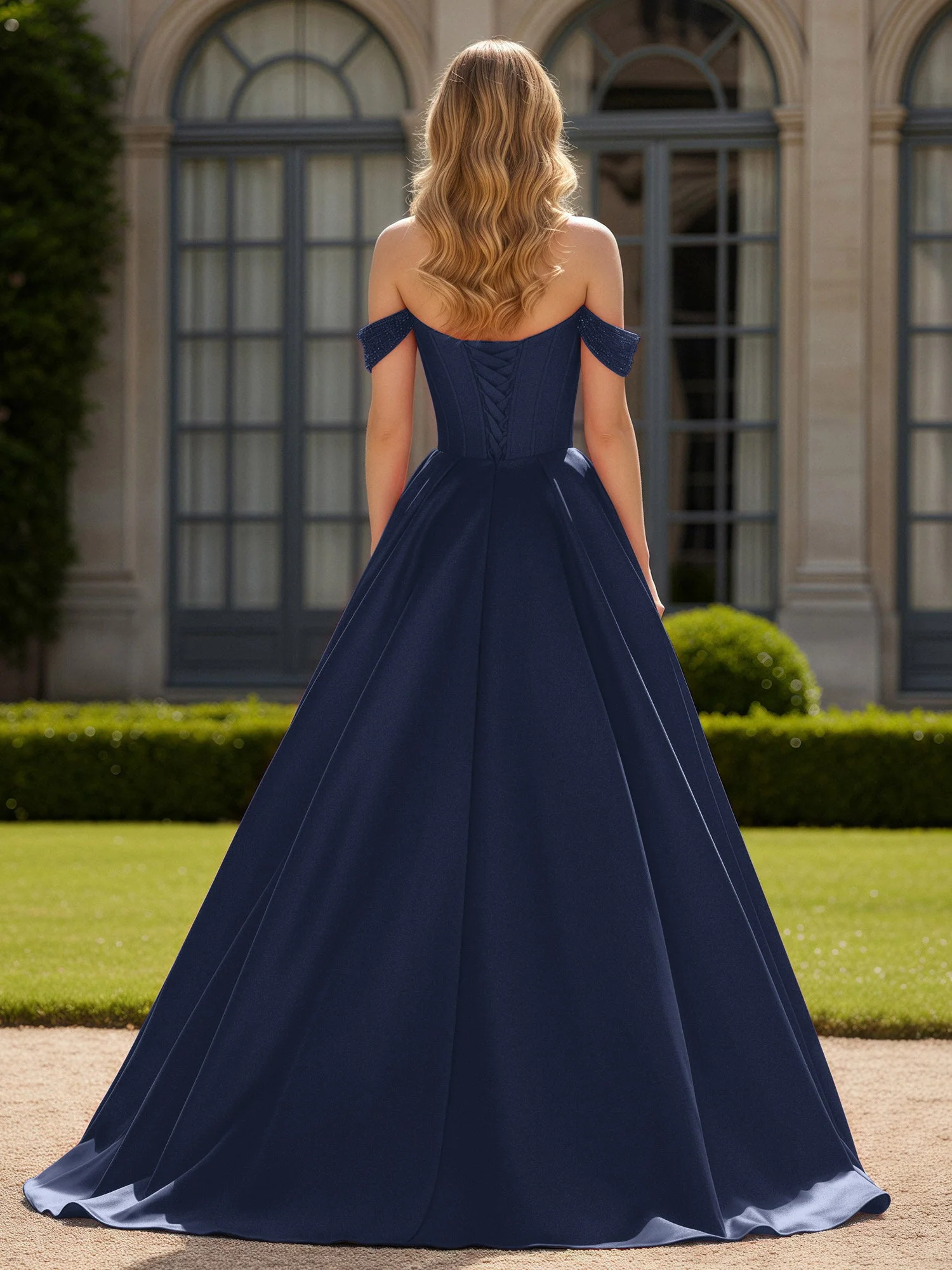 Schulterfrei Perlen Herzform A-Linie Kleid mit Schlitz Dunkelmarine - Image 2