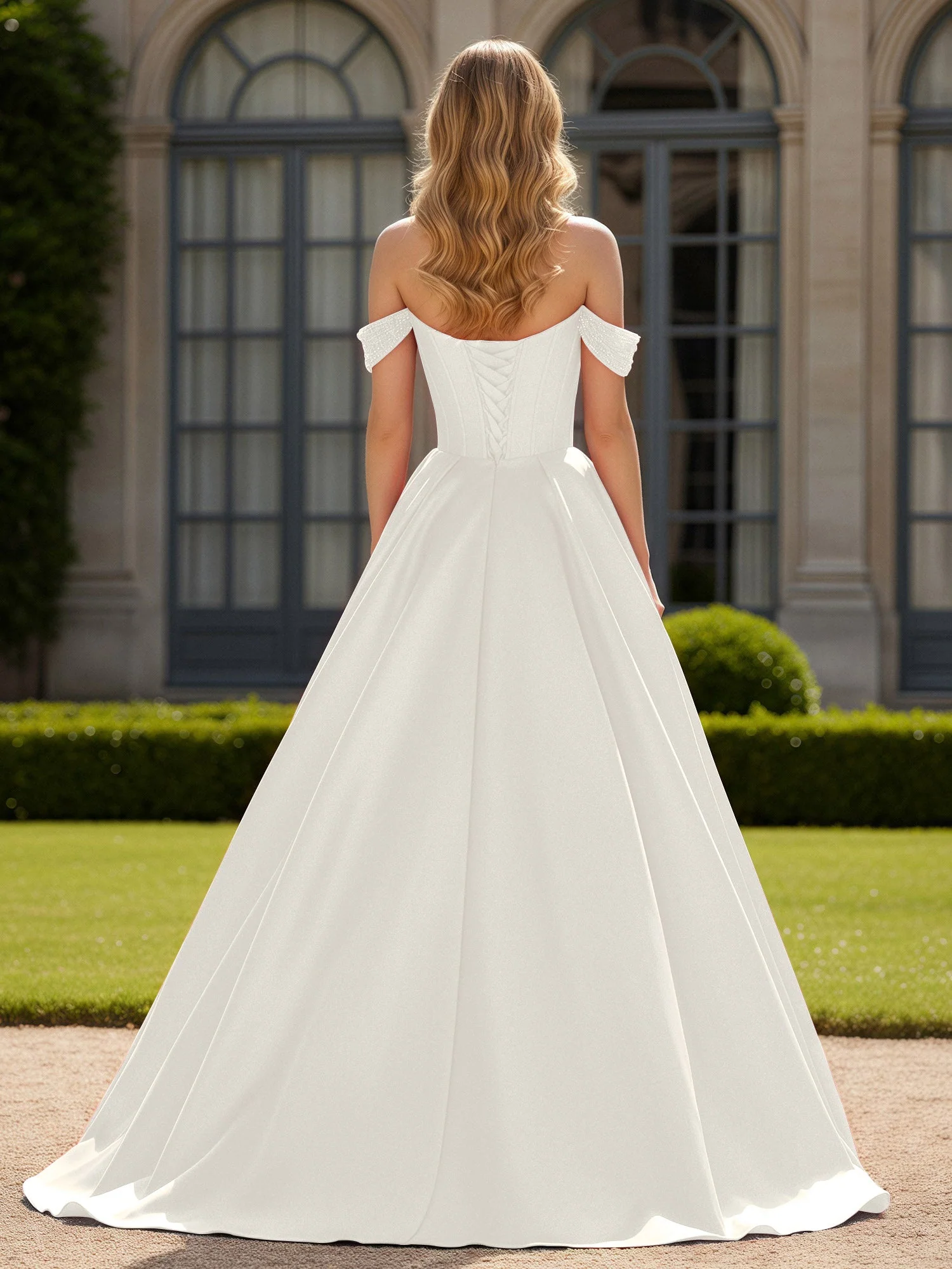 Schulterfrei Perlen Herzform A-Linie Kleid mit Schlitz Elfenbein - Image 2