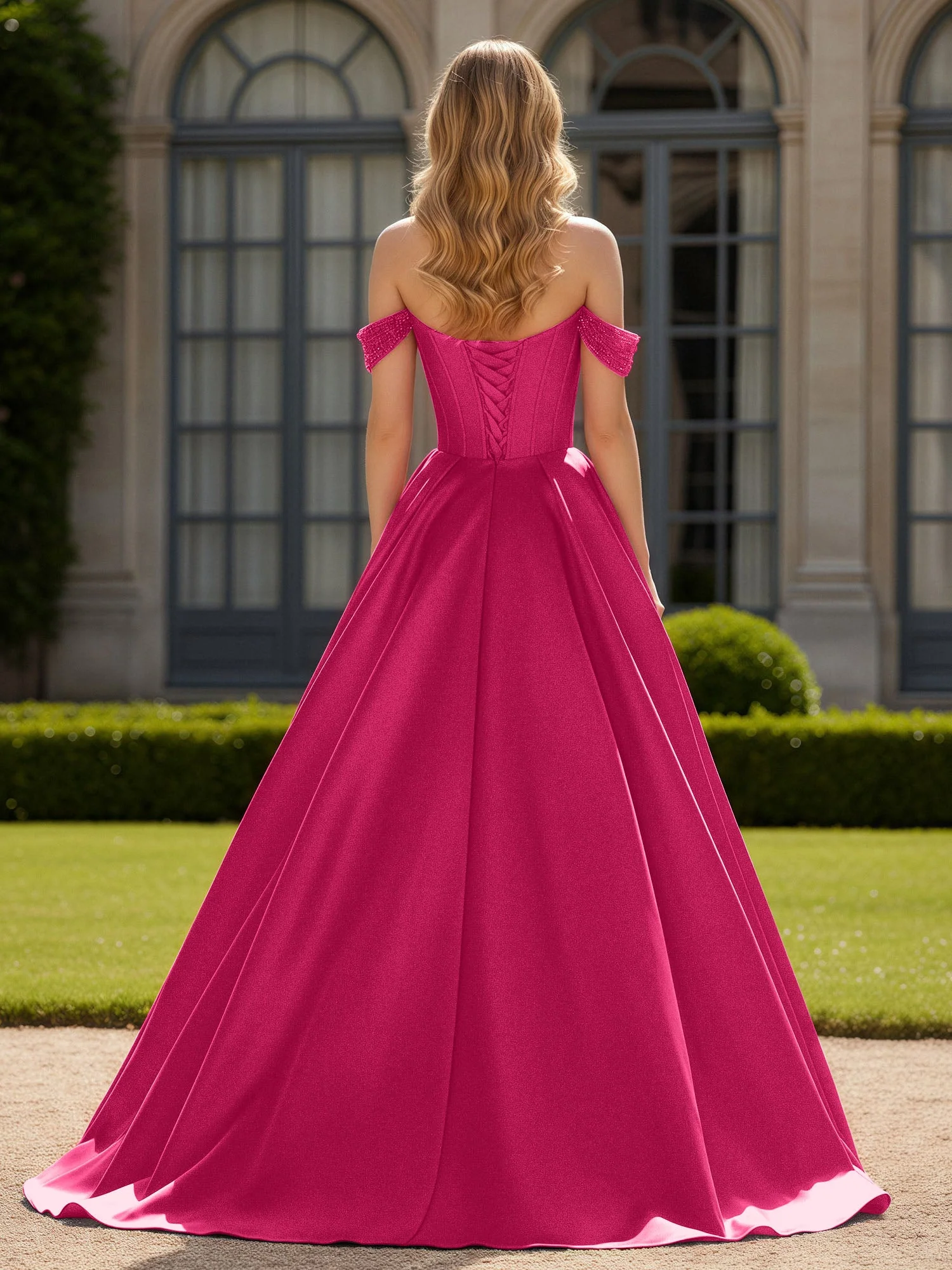 Schulterfrei Perlen Herzform A-Linie Kleid mit Schlitz Fuchsia - Image 2